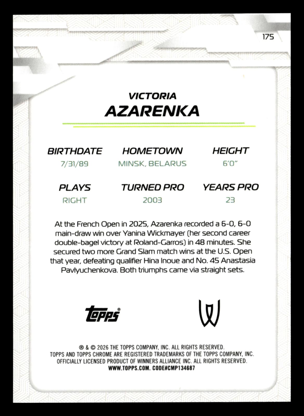 2026 Topps Chrome #175 Victoria Azarenka Pink Refractor #/250