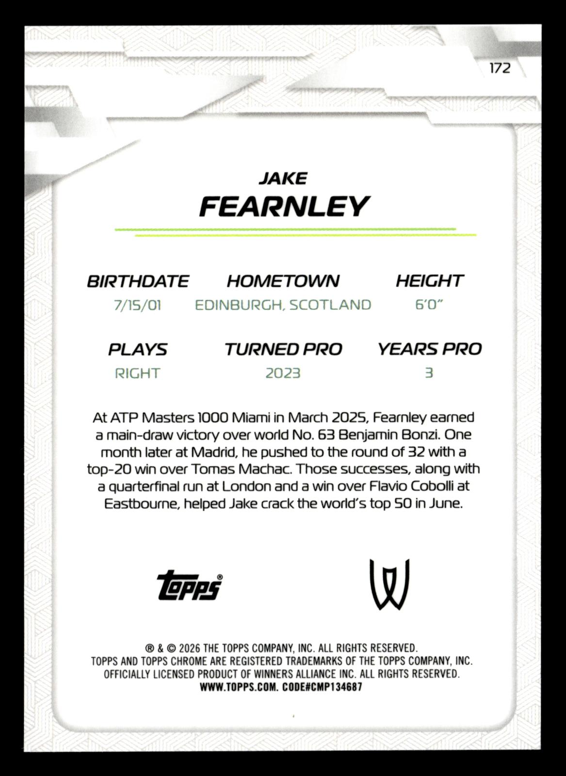 2026 Topps Chrome #172 Jake Fearnley Blue Geometric Refractor #/150