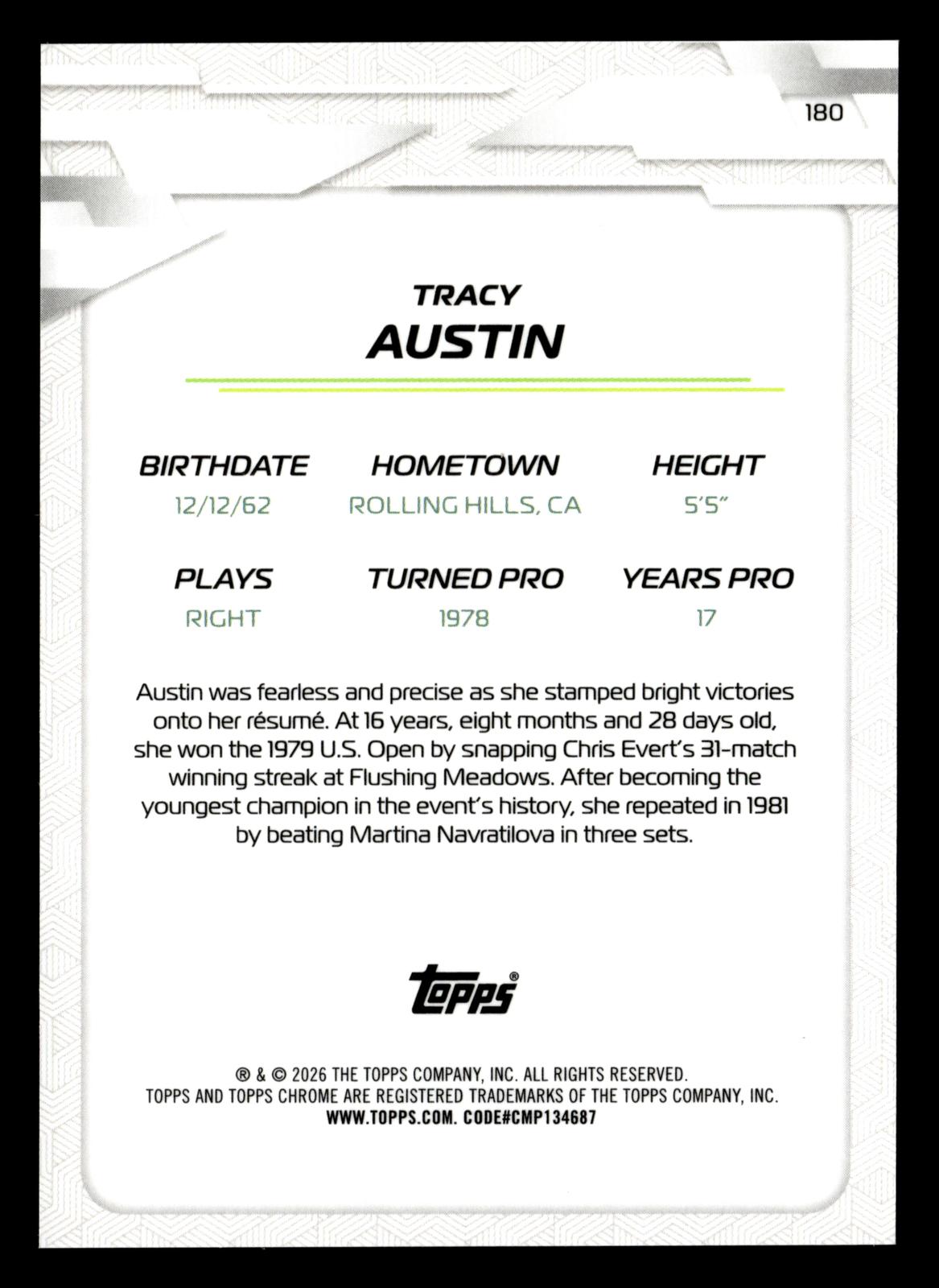 2026 Topps Chrome #180 Tracy Austin Aqua Geometric Refractor #/199