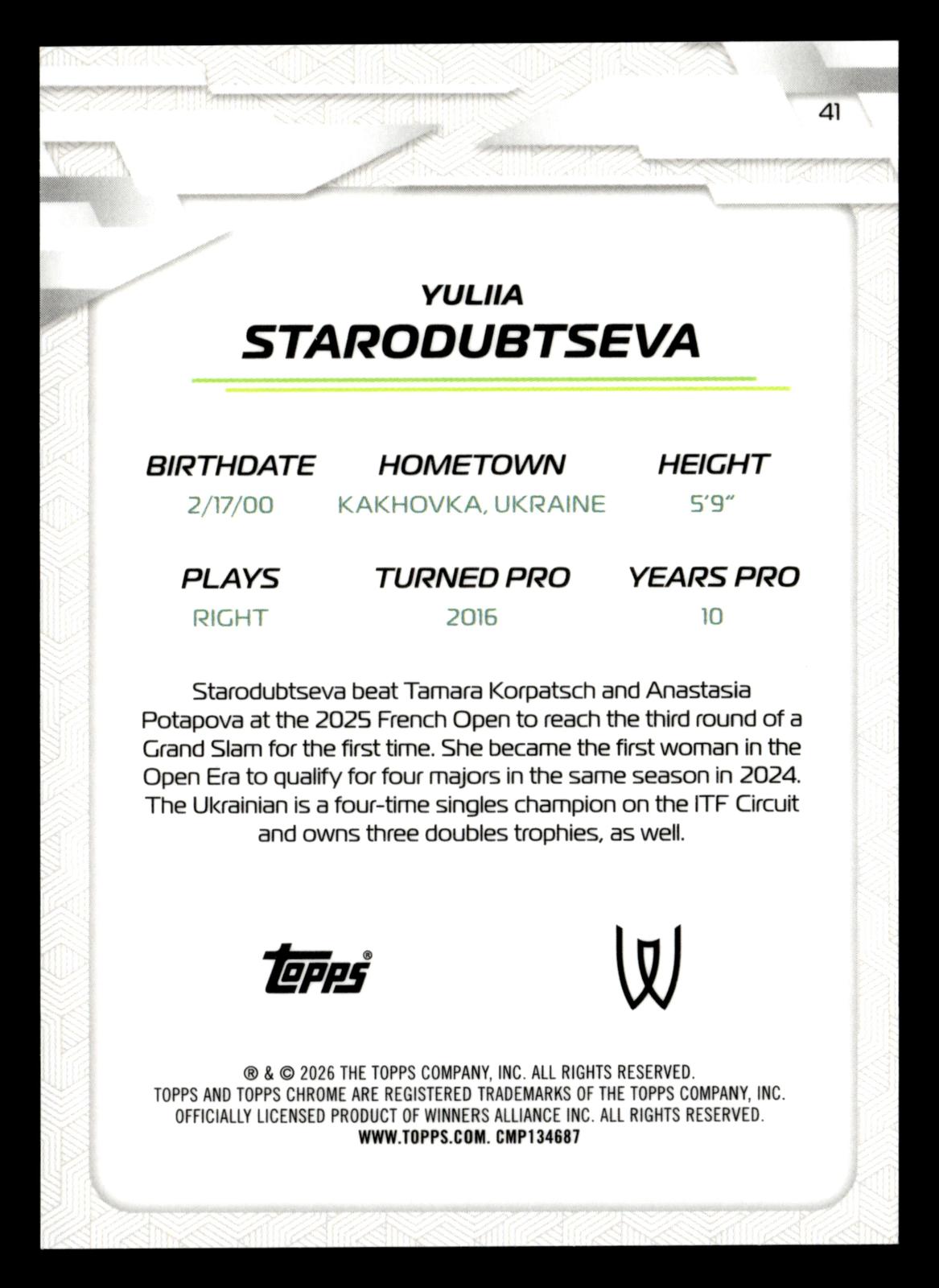 2026 Topps Chrome #41 Yuliia Starodubtseva Pink Refractor #/250