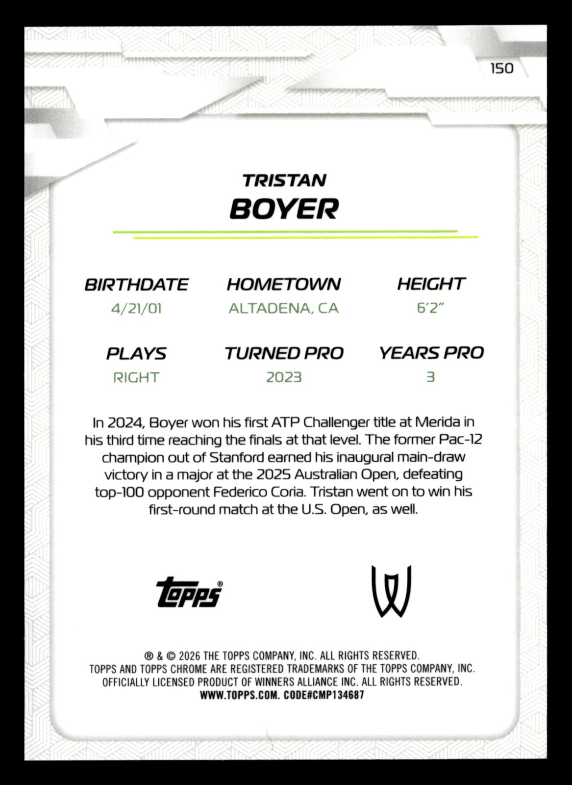 2026 Topps Chrome #150 Tristan Boyer Blue Geometric Refractor #/150