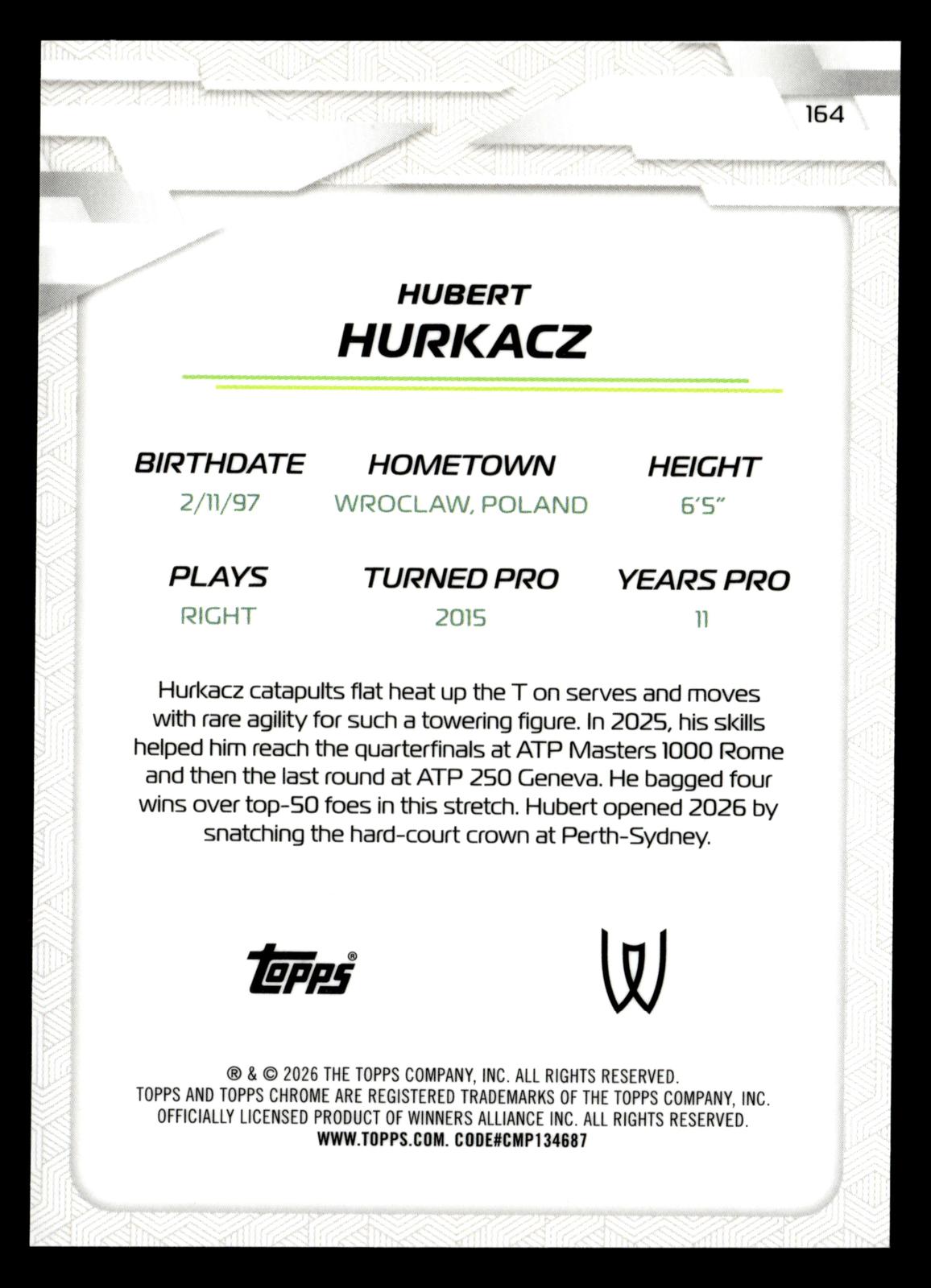 2026 Topps Chrome #164 Hubert Hurkacz Aqua Geometric Refractor #/199