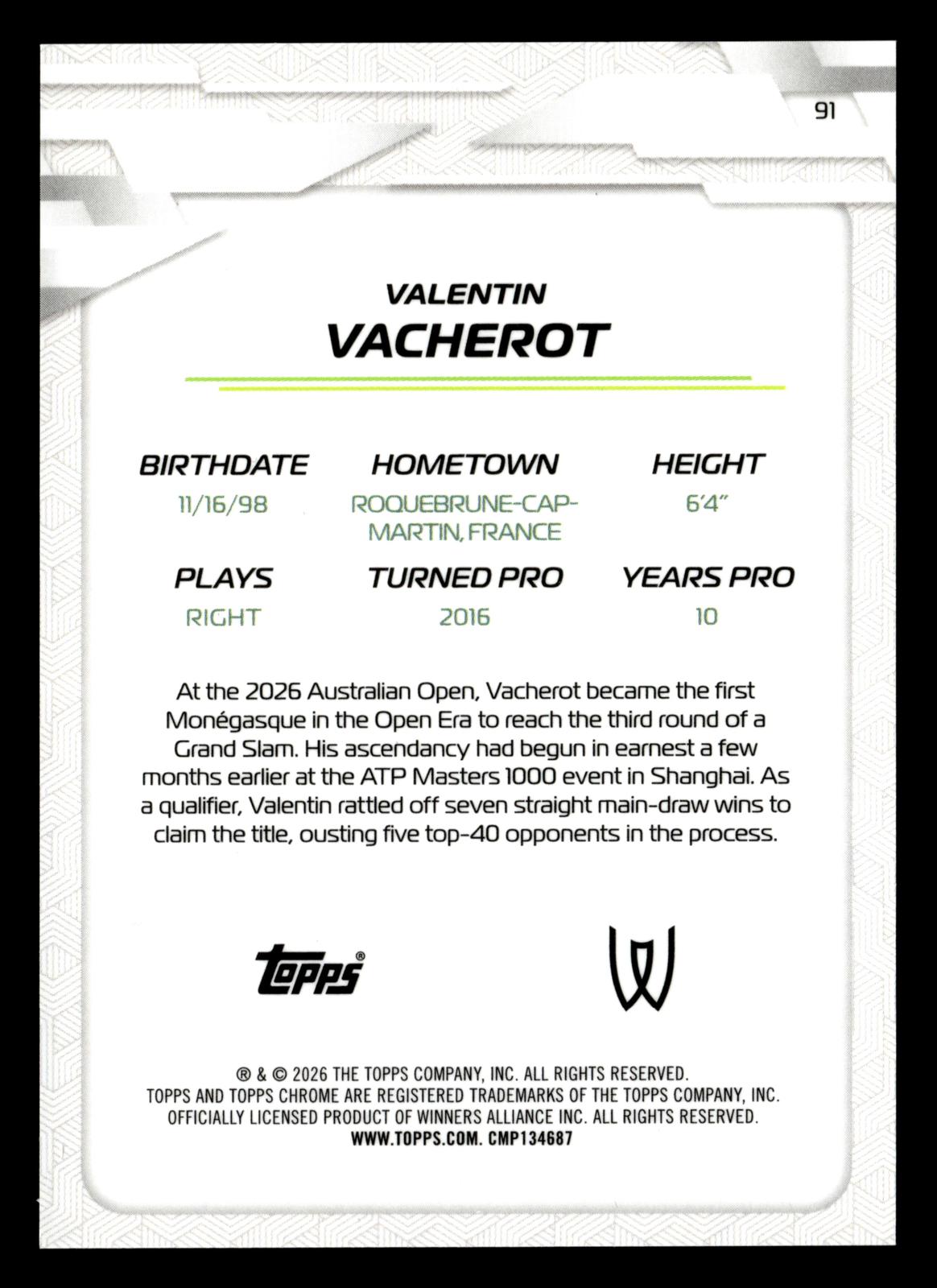 2026 Topps Chrome #91 Valentin Vacherot Yellow Refractor #/275
