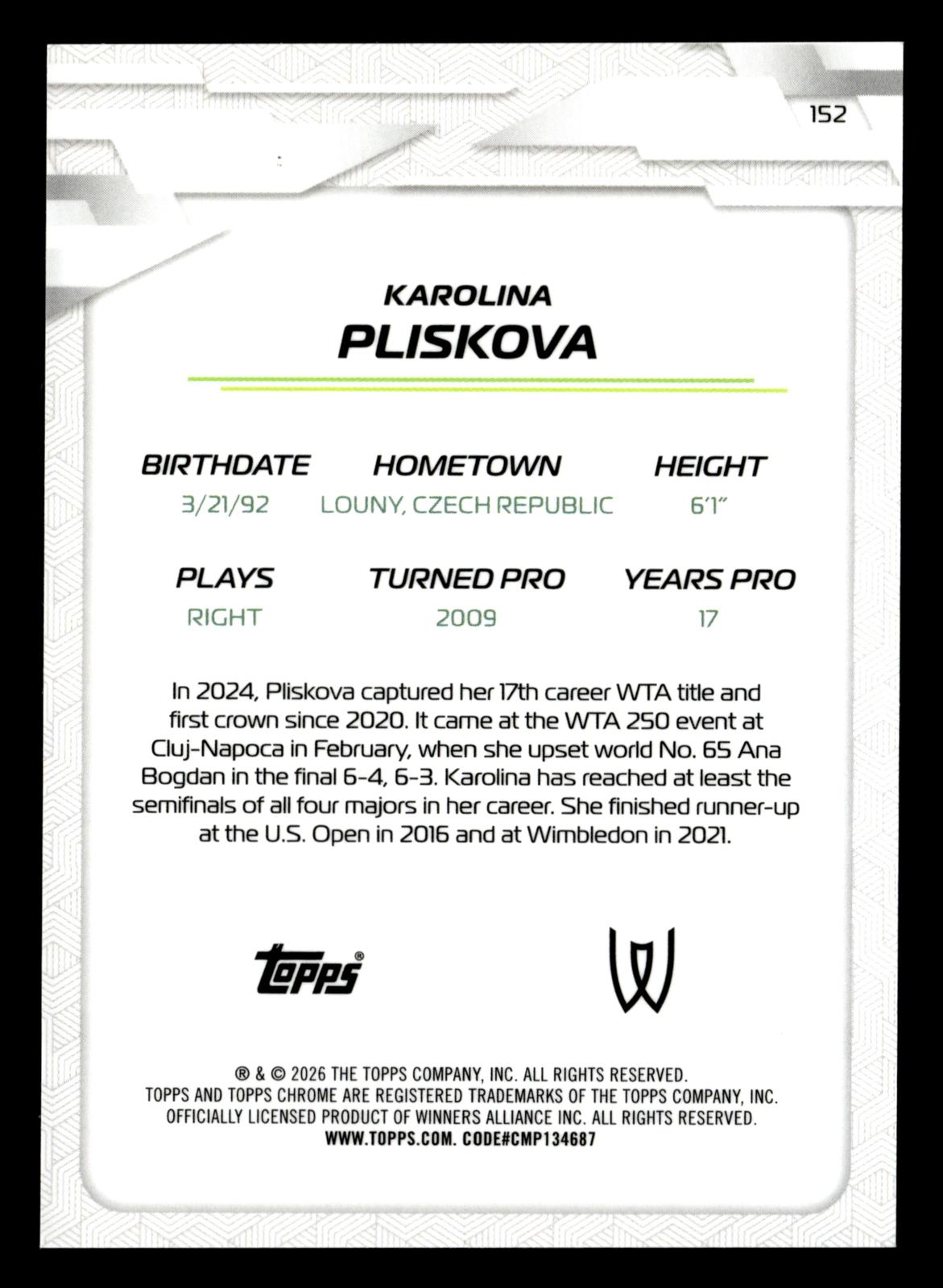 2026 Topps Chrome #152 Karolina Pliskova Purple Geometric Refractor #/75