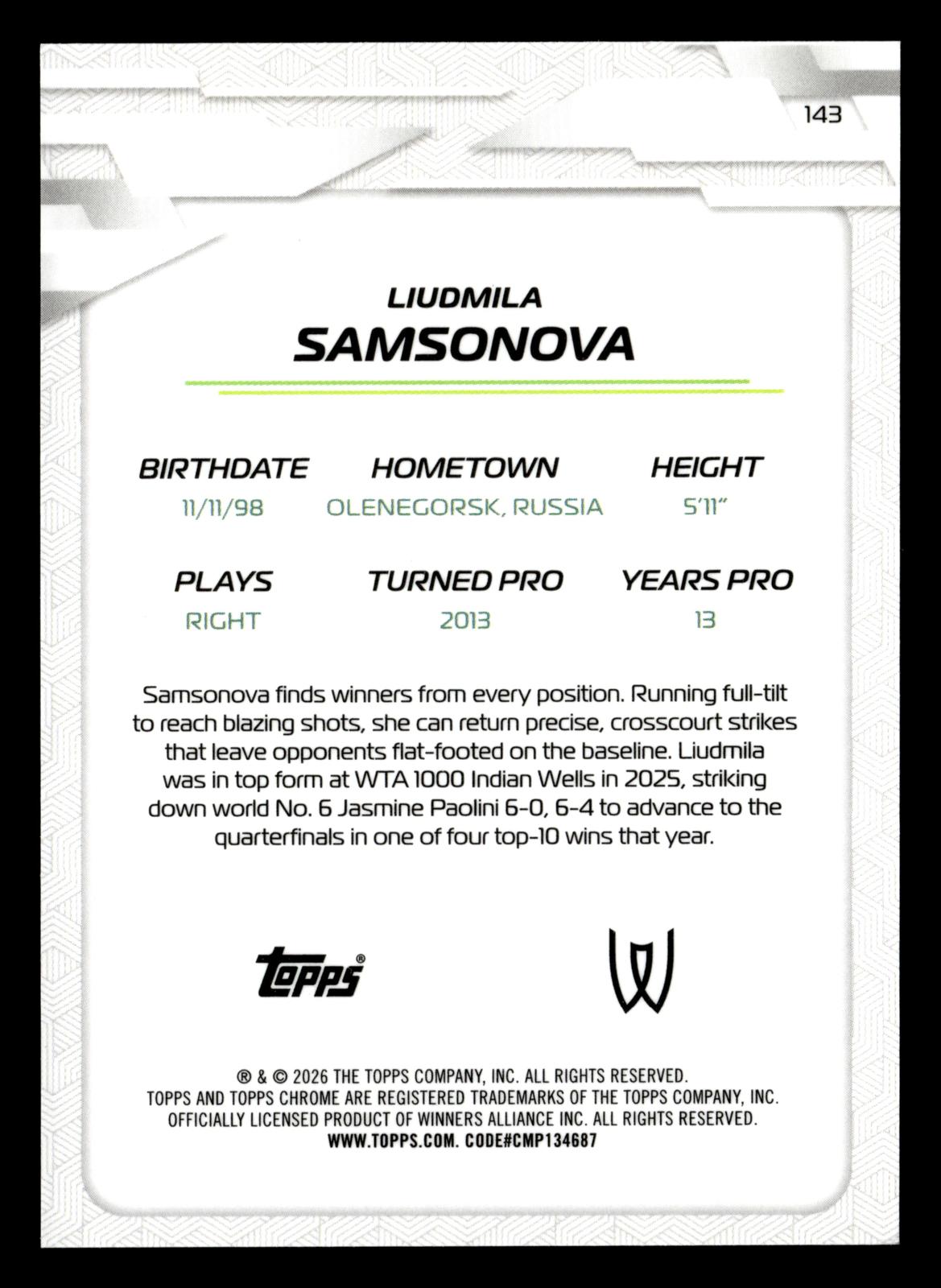 2026 Topps Chrome #143 Liudmila Samsonova Green Geometric Refractor #/99