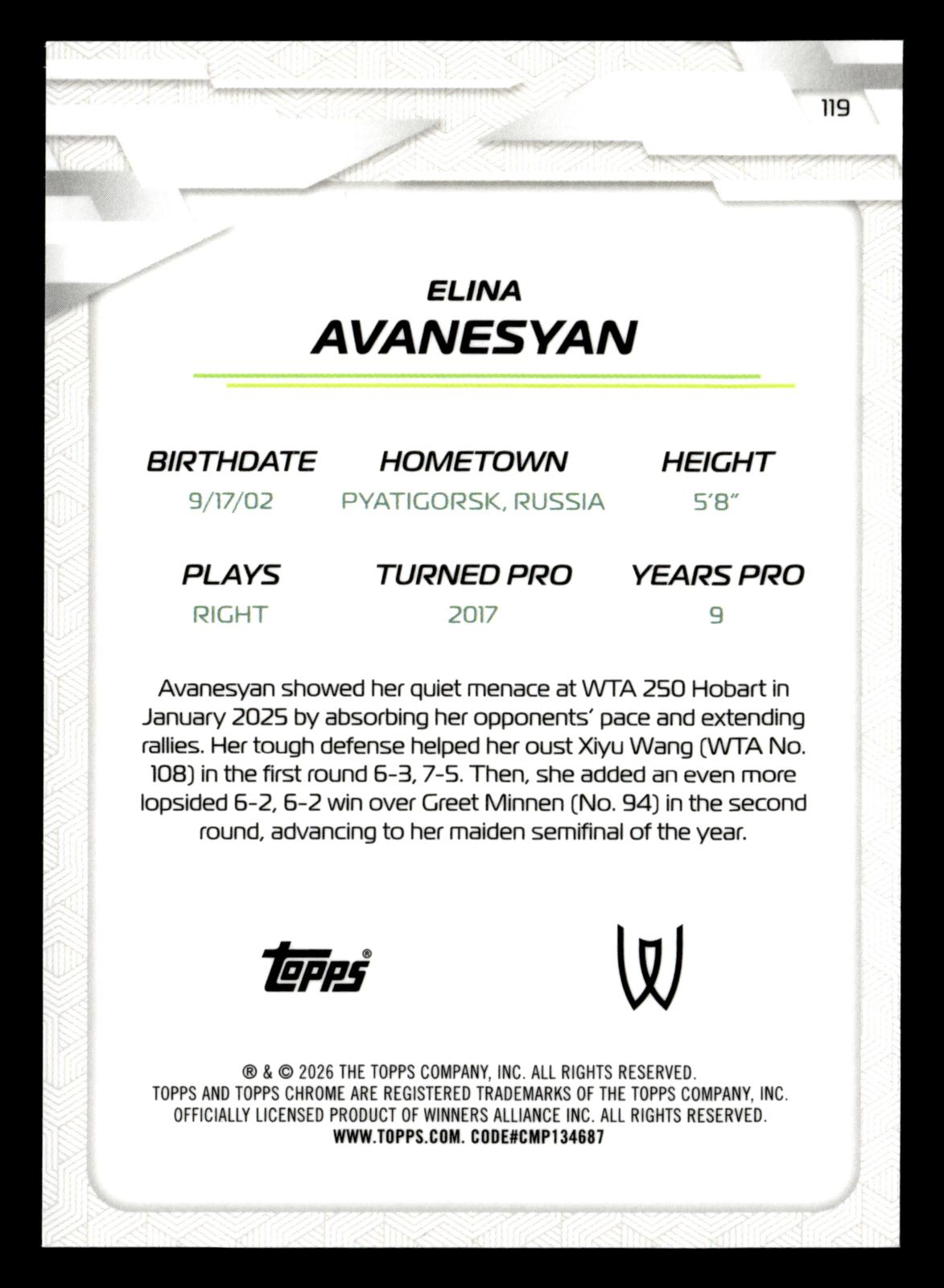 2026 Topps Chrome #119 Elina Avanesyan Blue Geometric Refractor #/150
