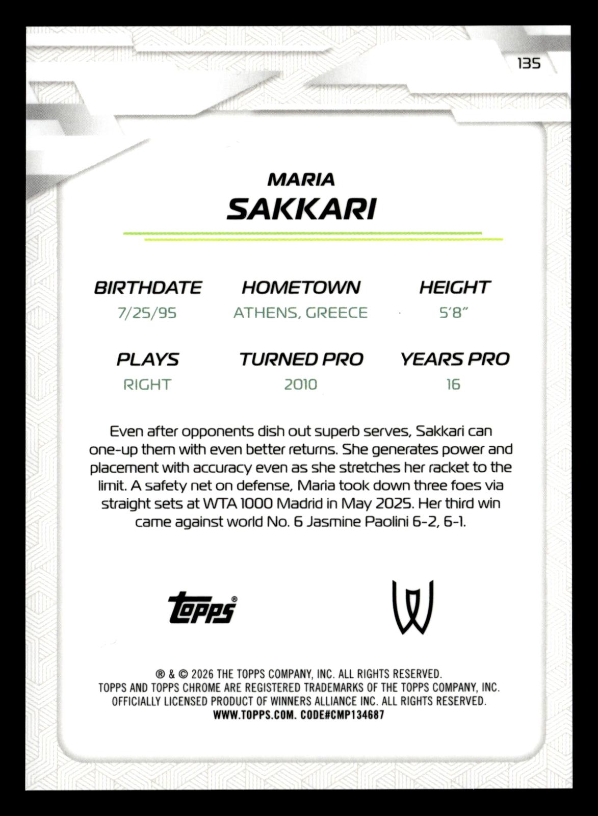 2026 Topps Chrome #135 Maria Sakkari Aqua Geometric Refractor #/199