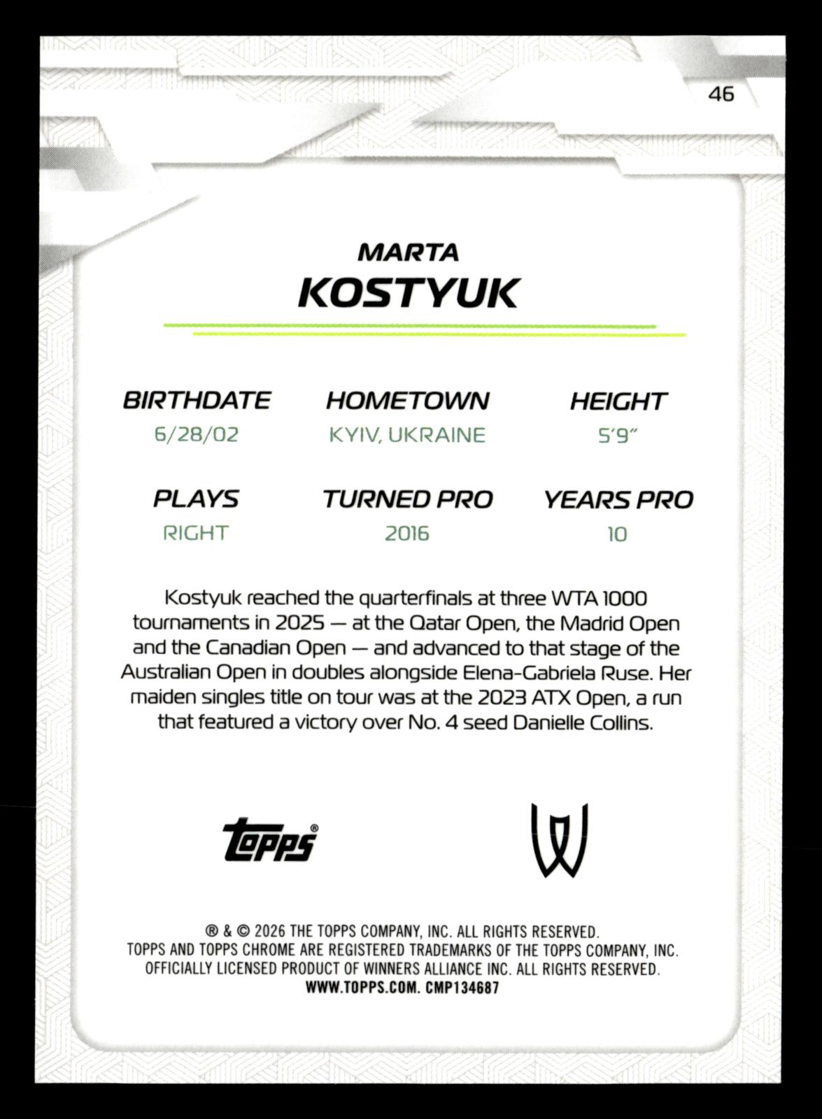2026 Topps Chrome #46 Marta Kostyuk Aqua Geometric Refractor #/199