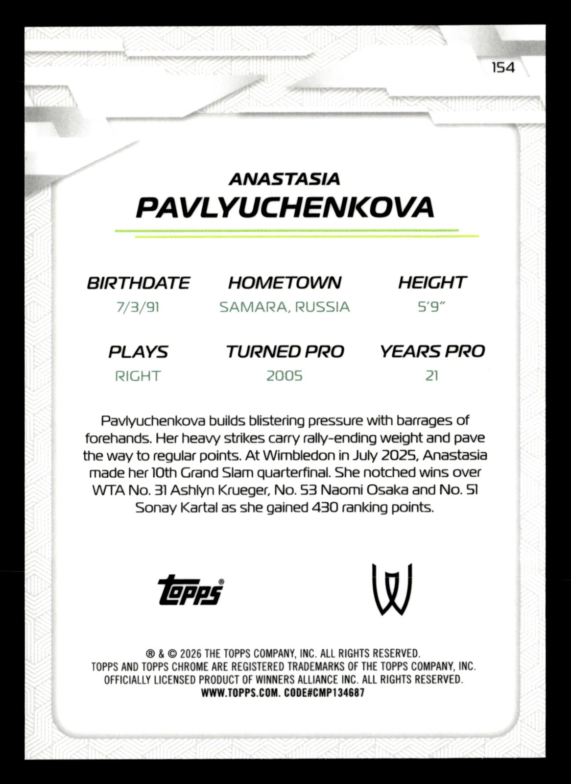 2026 Topps Chrome #154 Anastasia Pavlyuchenkova Blue Geometric Refractor #/150