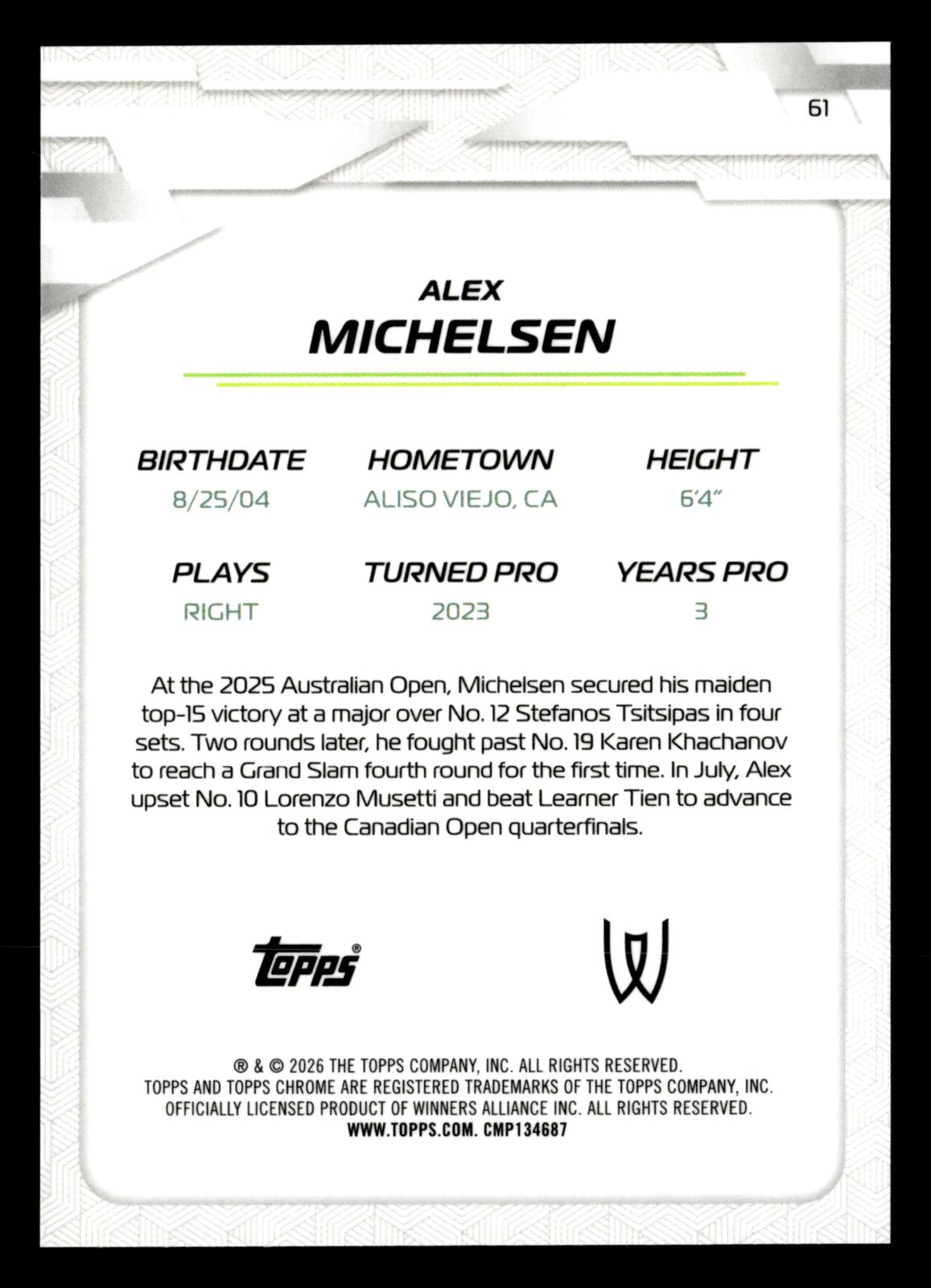 2026 Topps Chrome #61 Alex Michelsen Green Geometric Refractor #/99