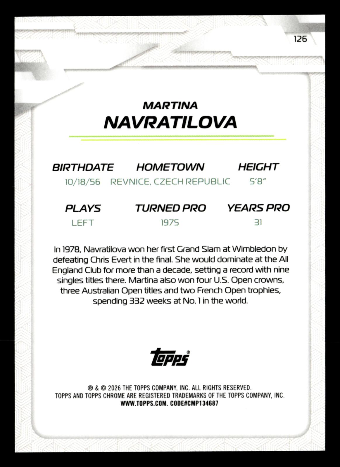 2026 Topps Chrome #126 Martina Navratilova Green Refractor #/99
