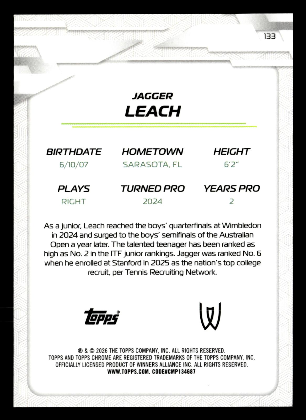 2026 Topps Chrome #133 Jagger Leach Pink Refractor #/250