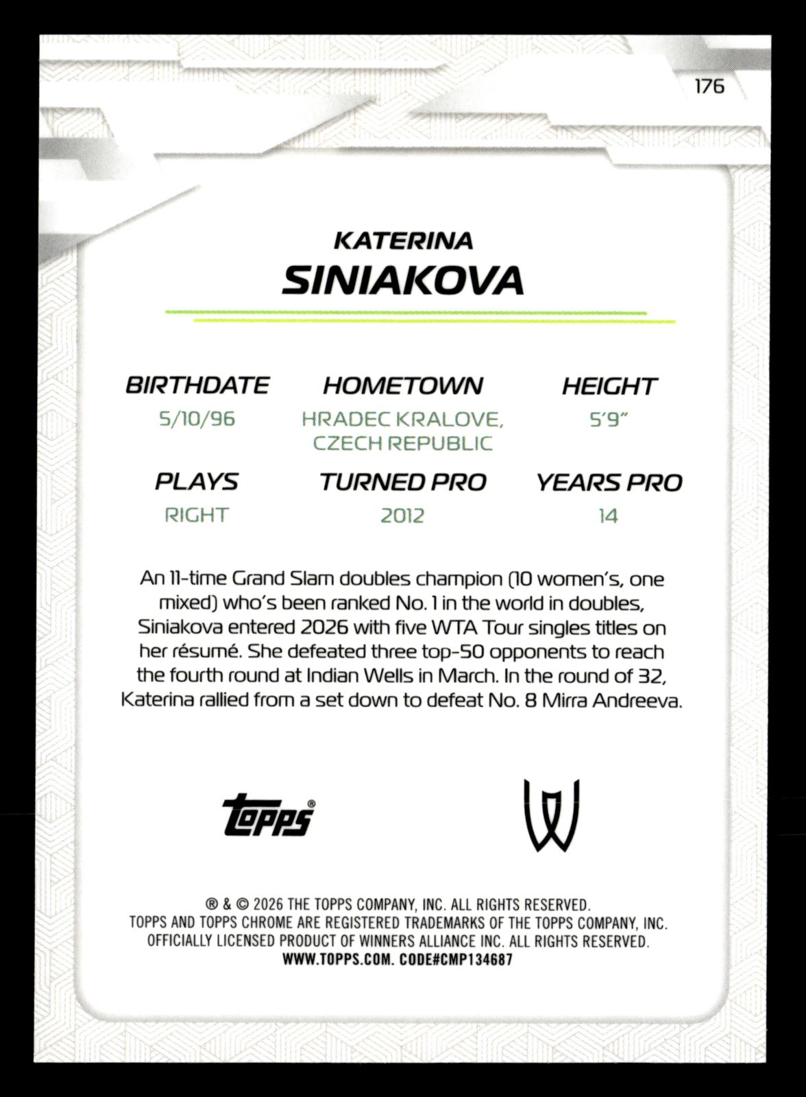 2026 Topps Chrome #176 Katerina Siniakova Purple Geometric Refractor #/75