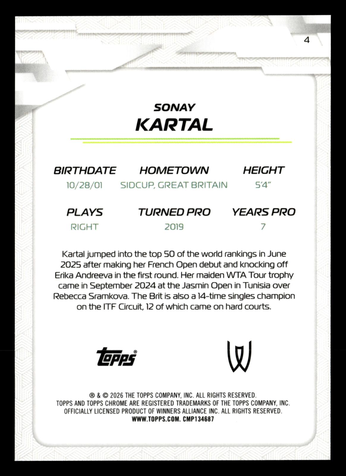 2026 Topps Chrome #4 Sonay Kartal Blue Geometric Refractor #/150