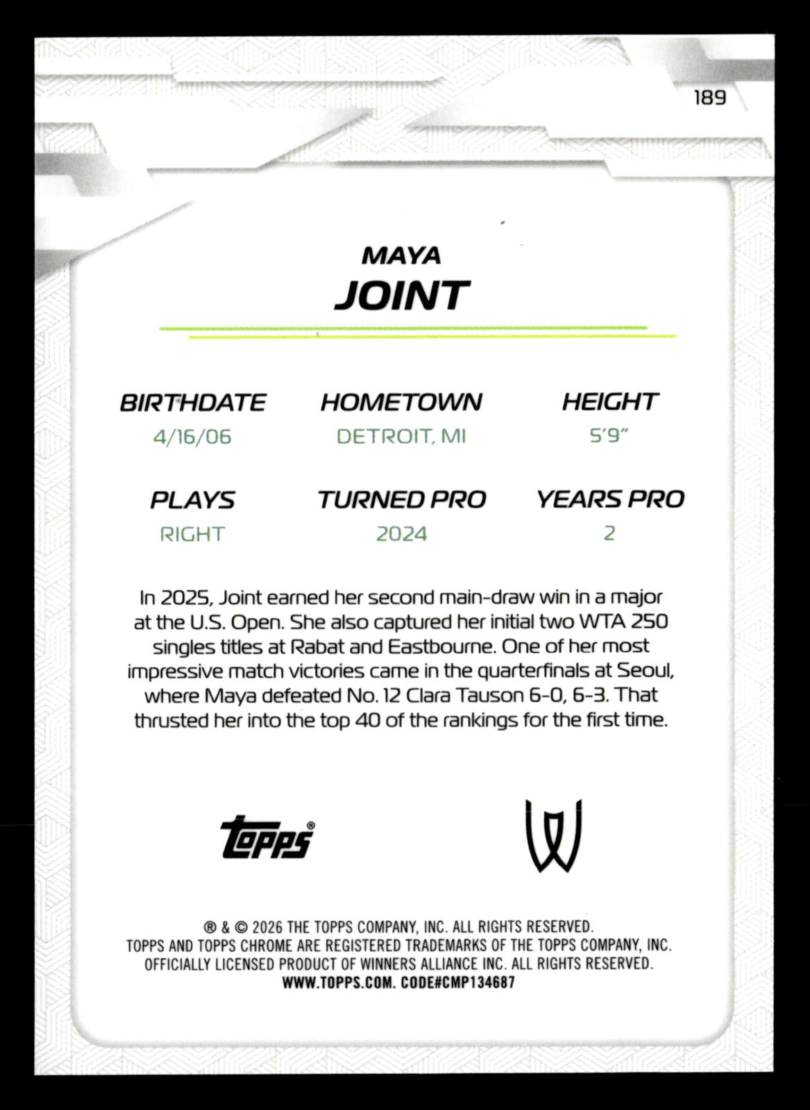 2026 Topps Chrome #189 Maya Joint Aqua Geometric Refractor #/199