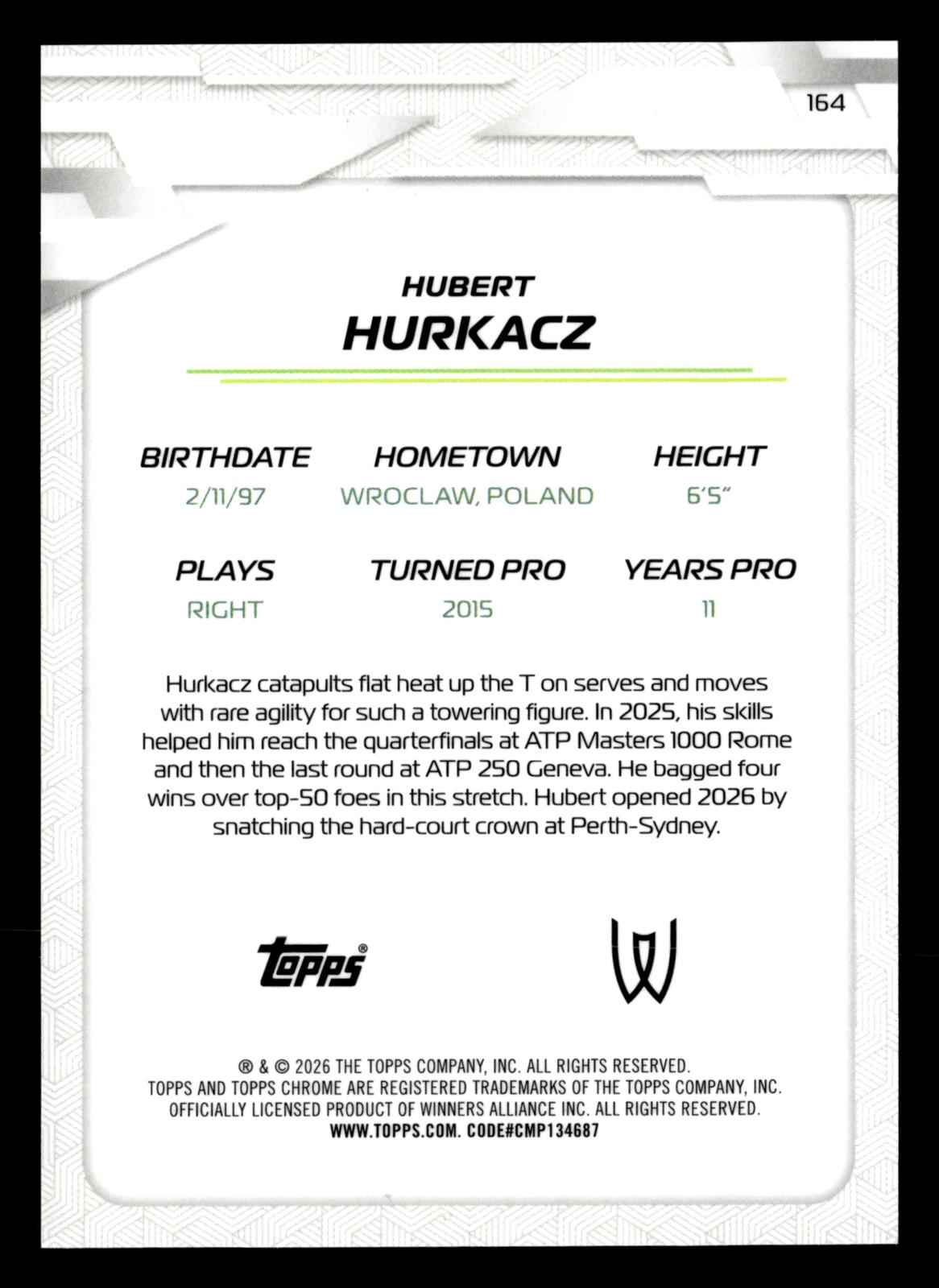 2026 Topps Chrome #164 Hubert Hurkacz Yellow Refractor #/275