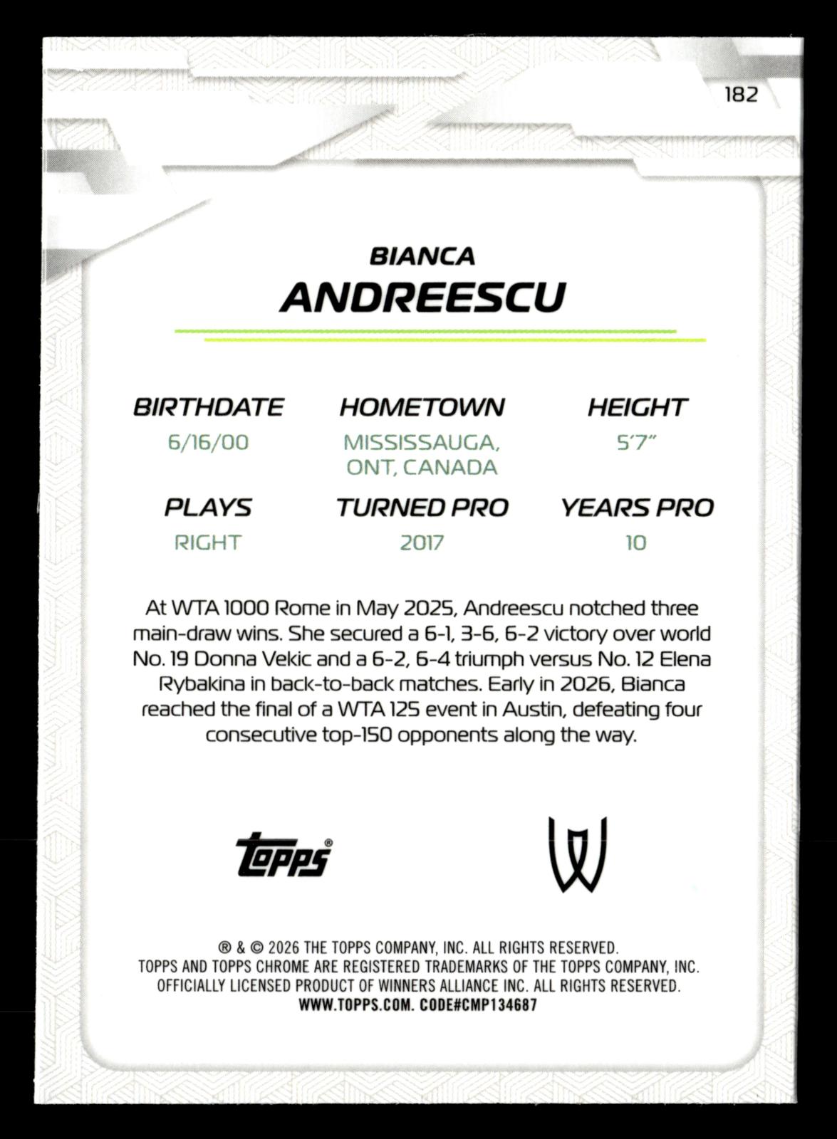 2026 Topps Chrome #182 Bianca Andreescu Geometric Refractor