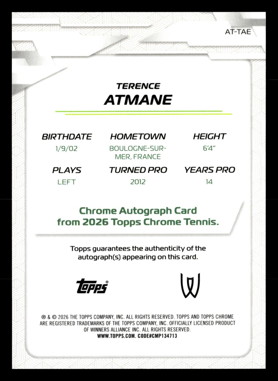 2026 Topps Chrome #AT-TAE Terence Atmane Base Autographs II