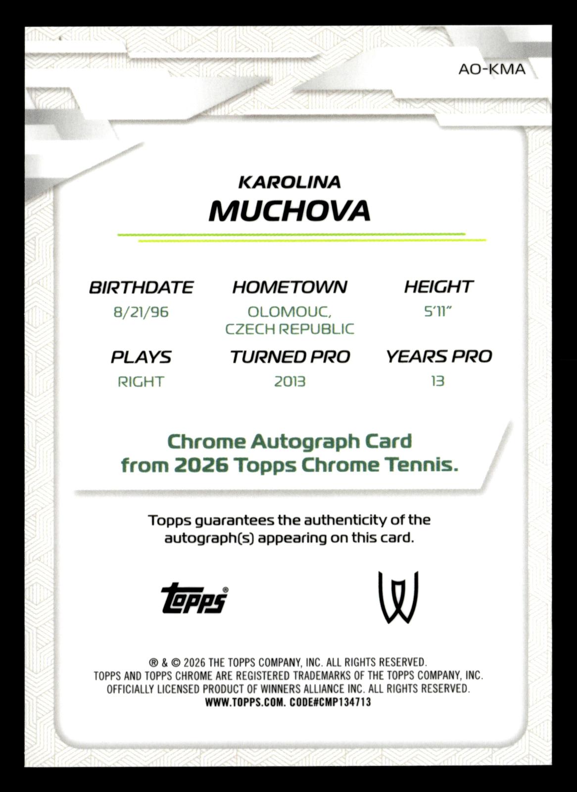 2026 Topps Chrome #AO-KMA Karolina Muchova Base Auto I Blue Geo Refractor #/150