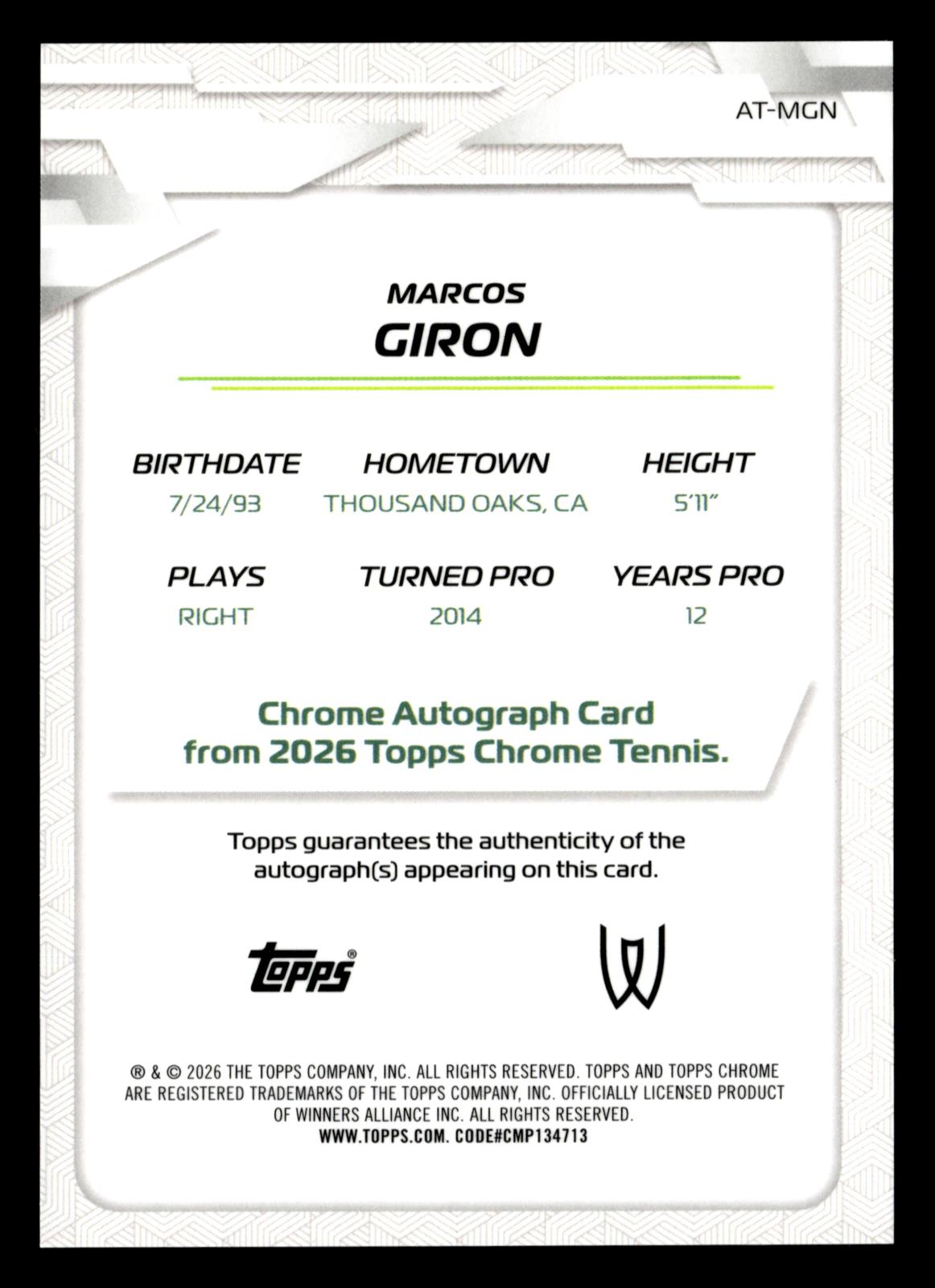 2026 Topps Chrome #AT-MGN Marcos Giron Base Autographs II Geometric Refractor