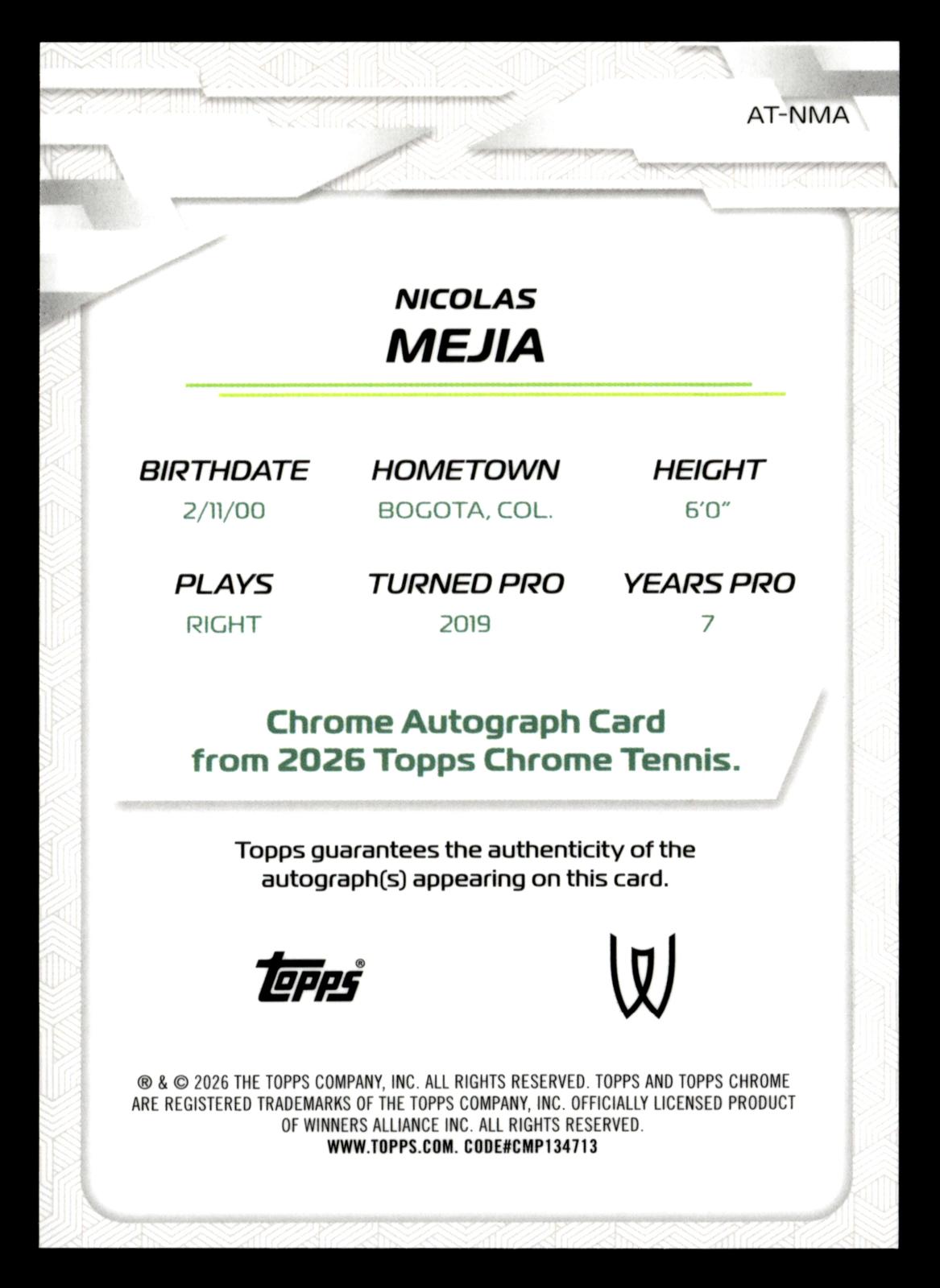 2026 Topps Chrome #AT-NMA Nicolas Mejia Base Autographs II Green Refractor #/99