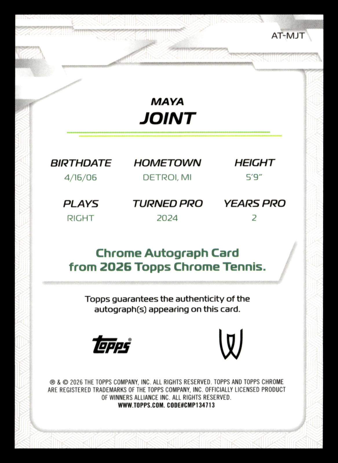 2026 Topps Chrome #AT-MJT Maya Joint Base Autographs II Pink Refractor #/250