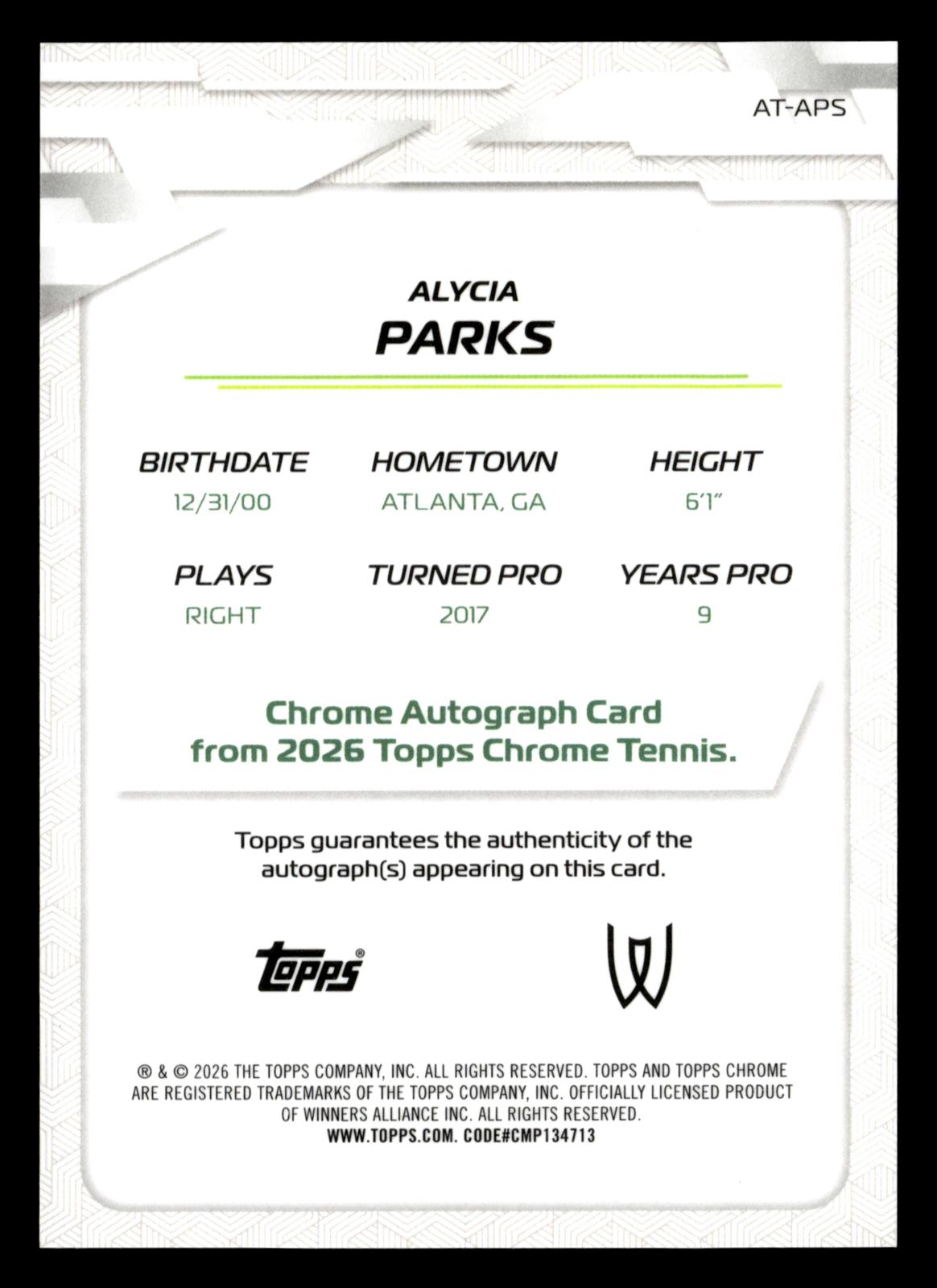 2026 Topps Chrome #AT-APS Alycia Parks Base Autographs II Pink Refractor #/250