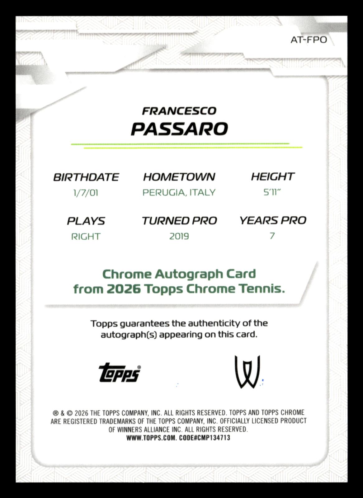 2026 Topps Chrome #AT-FPO Francesco Passaro Base Auto II Pink Refractor #/250
