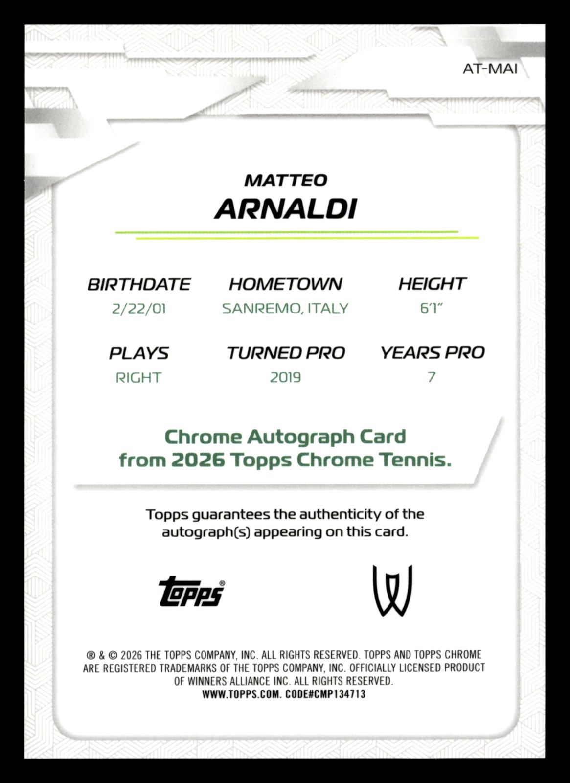 2026 Topps Chrome #AT-MAI Matteo Arnaldi Base Autographs II