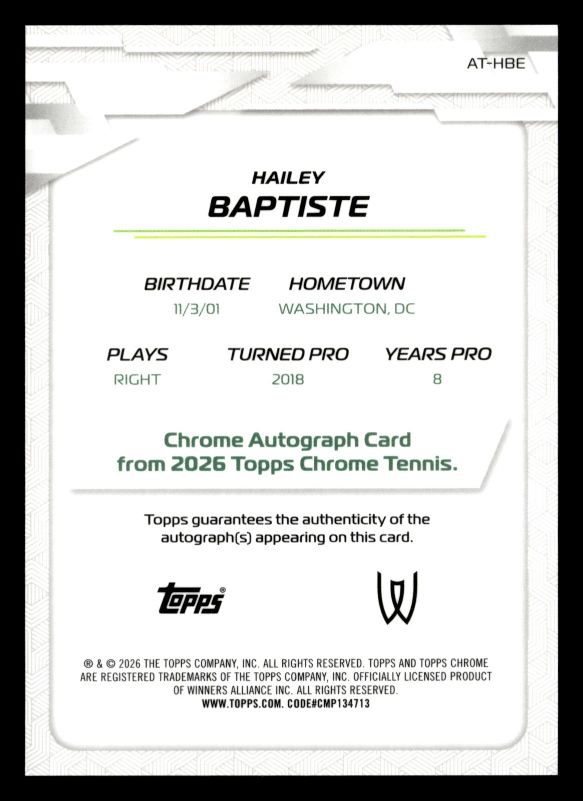 2026 Topps Chrome #AT-HBE Hailey Baptiste Base Auto II Green Geo Refractor #/99