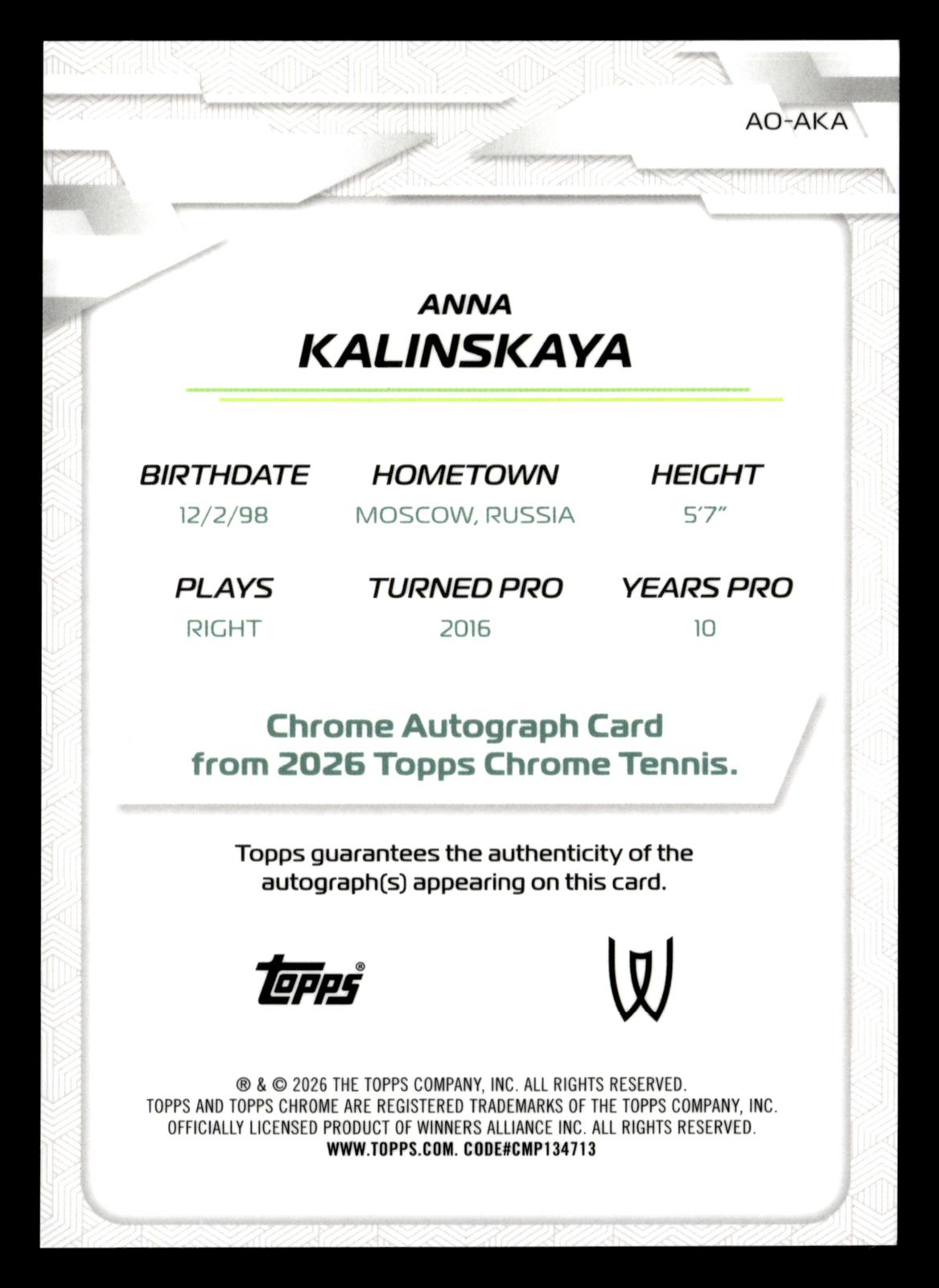 2026 Topps Chrome #AO-AKA Anna Kalinskaya Base Autographs I Geometric Refractor