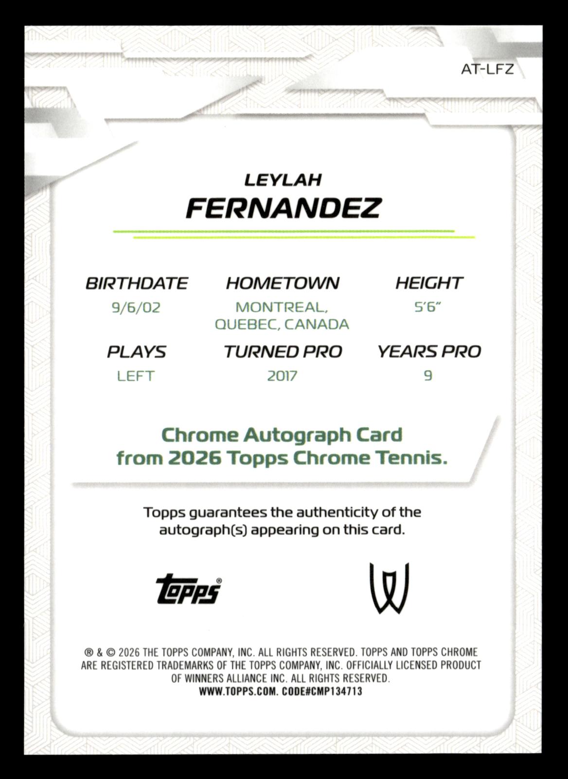 2026 Topps Chrome #AT-LFZ Leylah Fernandez Base Auto II Geometric Refractor