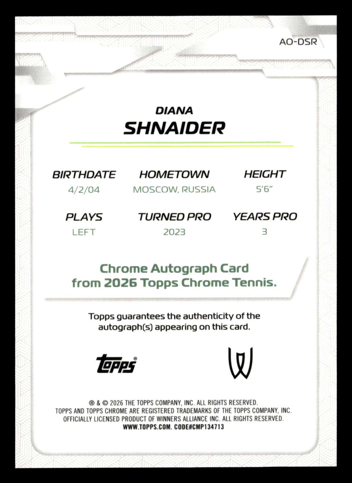 2026 Topps Chrome #AO-DSR Diana Shnaider Base Autographs I Geometric Refractor