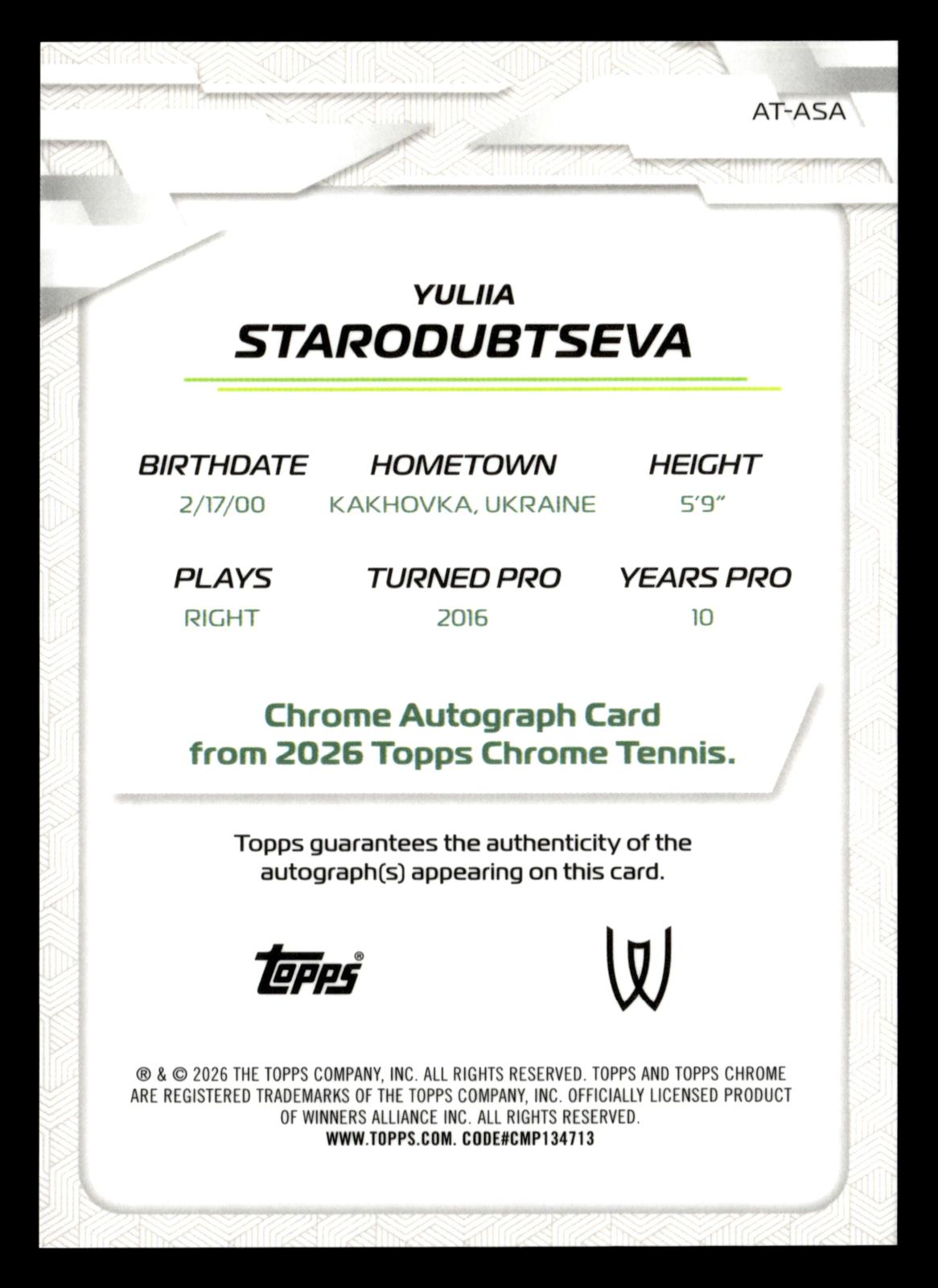 2026 Topps Chrome #AT-ASA Yuliia Starodubtseva Base Auto II Geometric Refractor