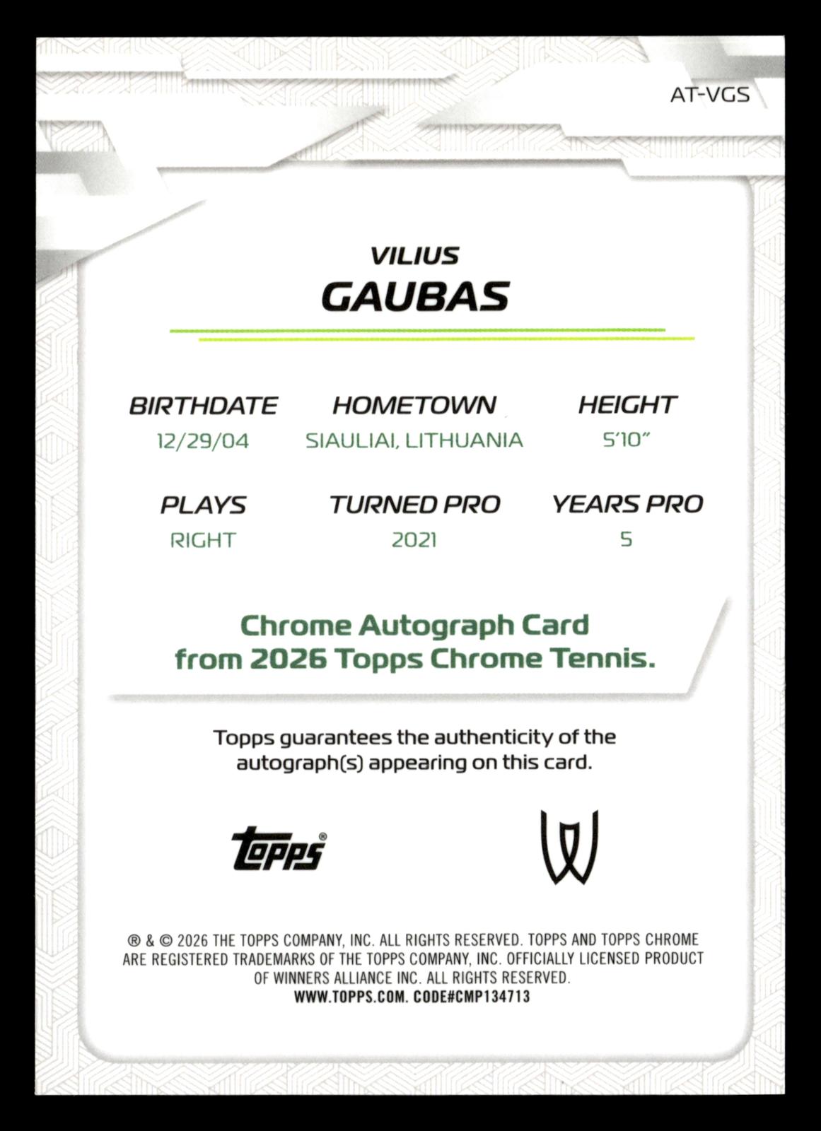 2026 Topps Chrome #AT-VGS Vilius Gaubas Base Autographs II