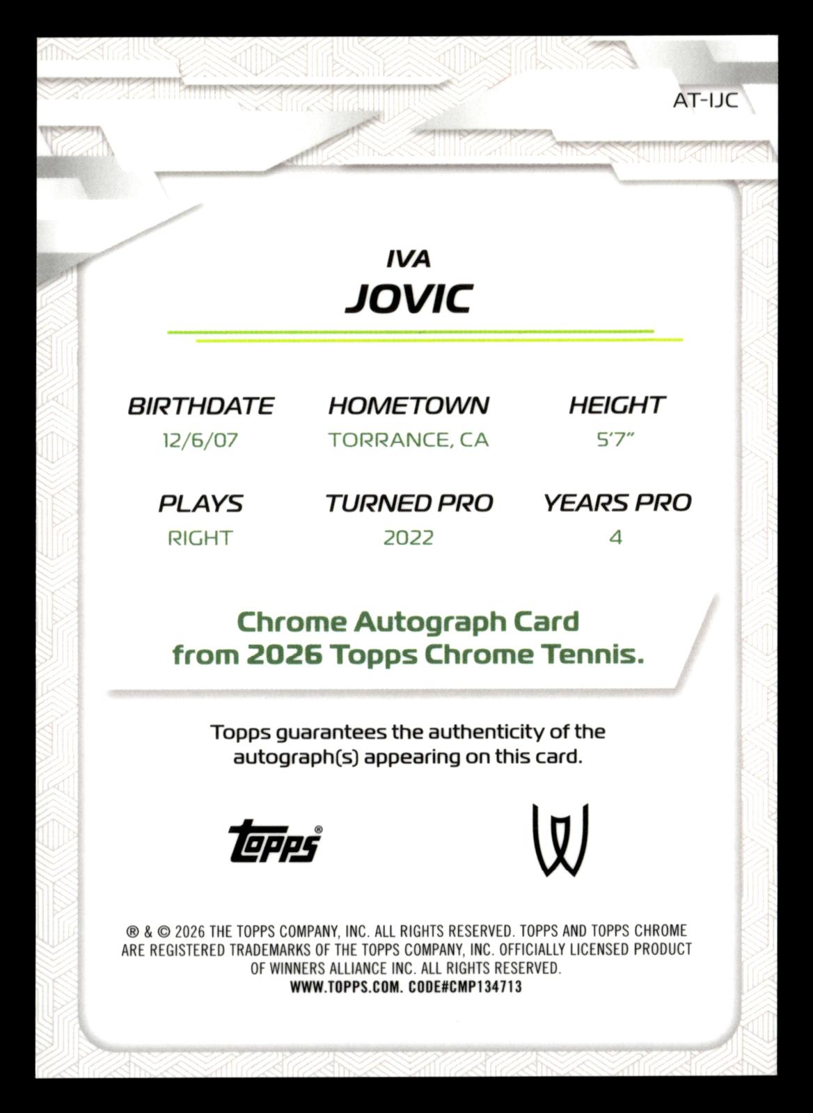 2026 Topps Chrome #AT-IJC Iva Jovic Base Autographs II