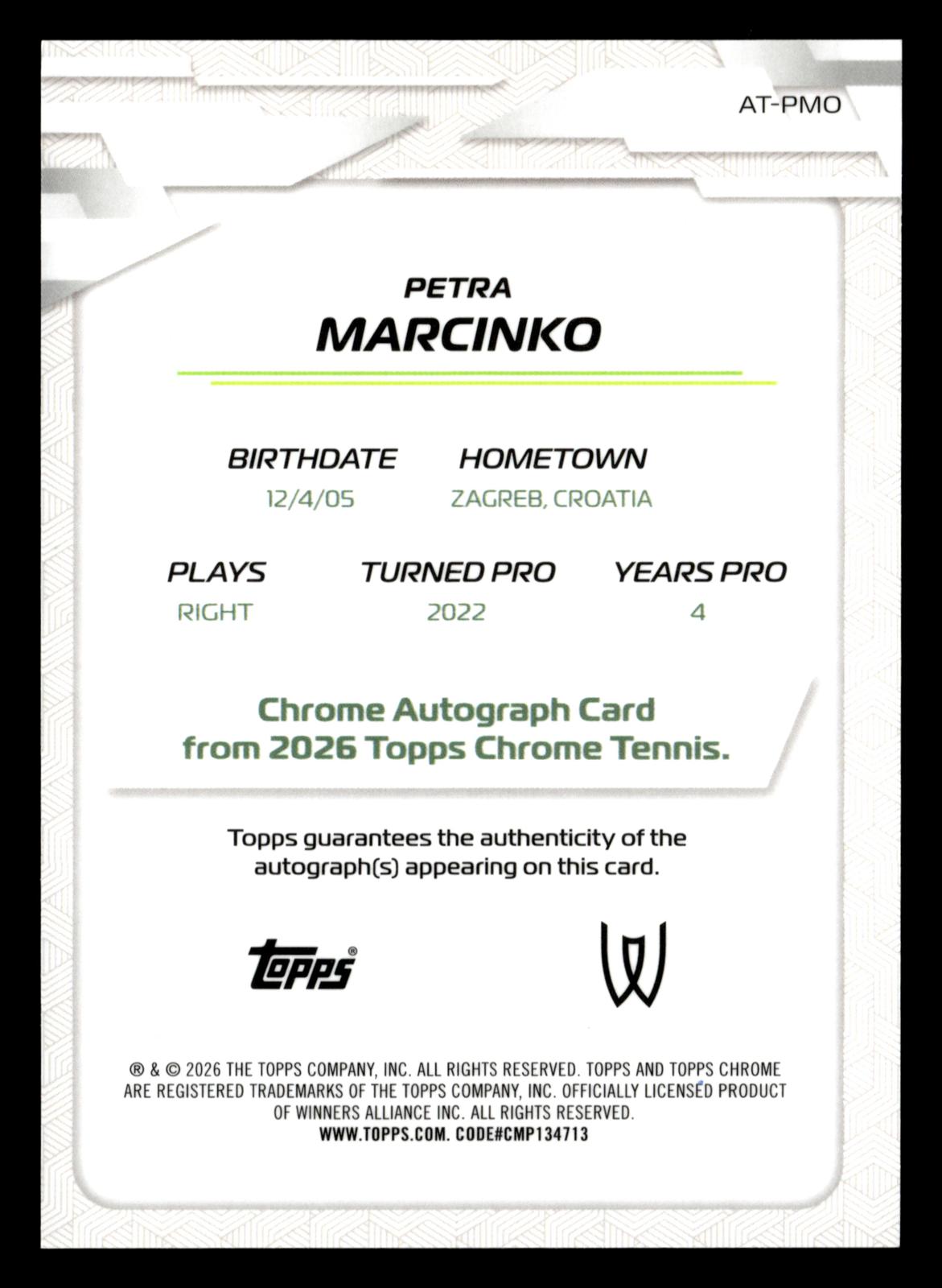 2026 Topps Chrome #AT-PMO Petra Marcinko Base Autographs II Geometric Refractor