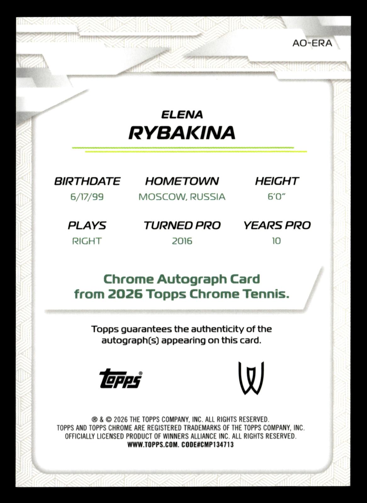 2026 Topps Chrome #AO-ERA Elena Rybakina Base Auto I Blue Geo Refractor #/150