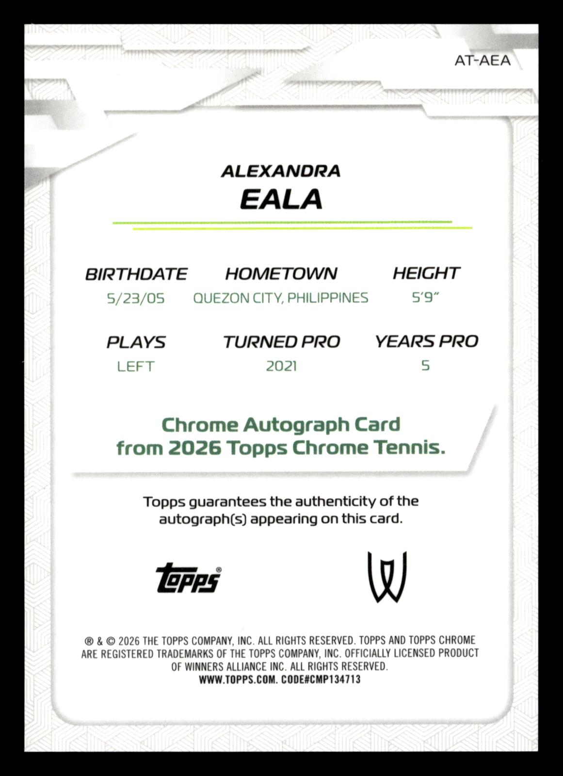 2026 Topps Chrome #AT-AEA Alexandra Eala Base Autographs II Blue Refractor #/150