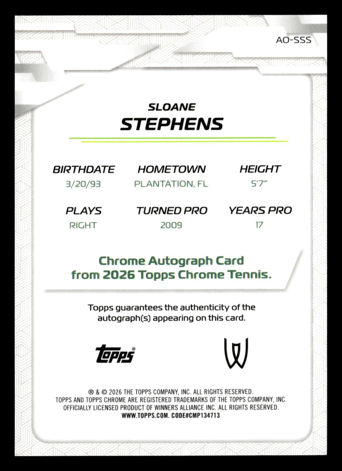 2026 Topps Chrome #AO-SSS Sloane Stephens Base Auto I Gold Geo Refractor #/50