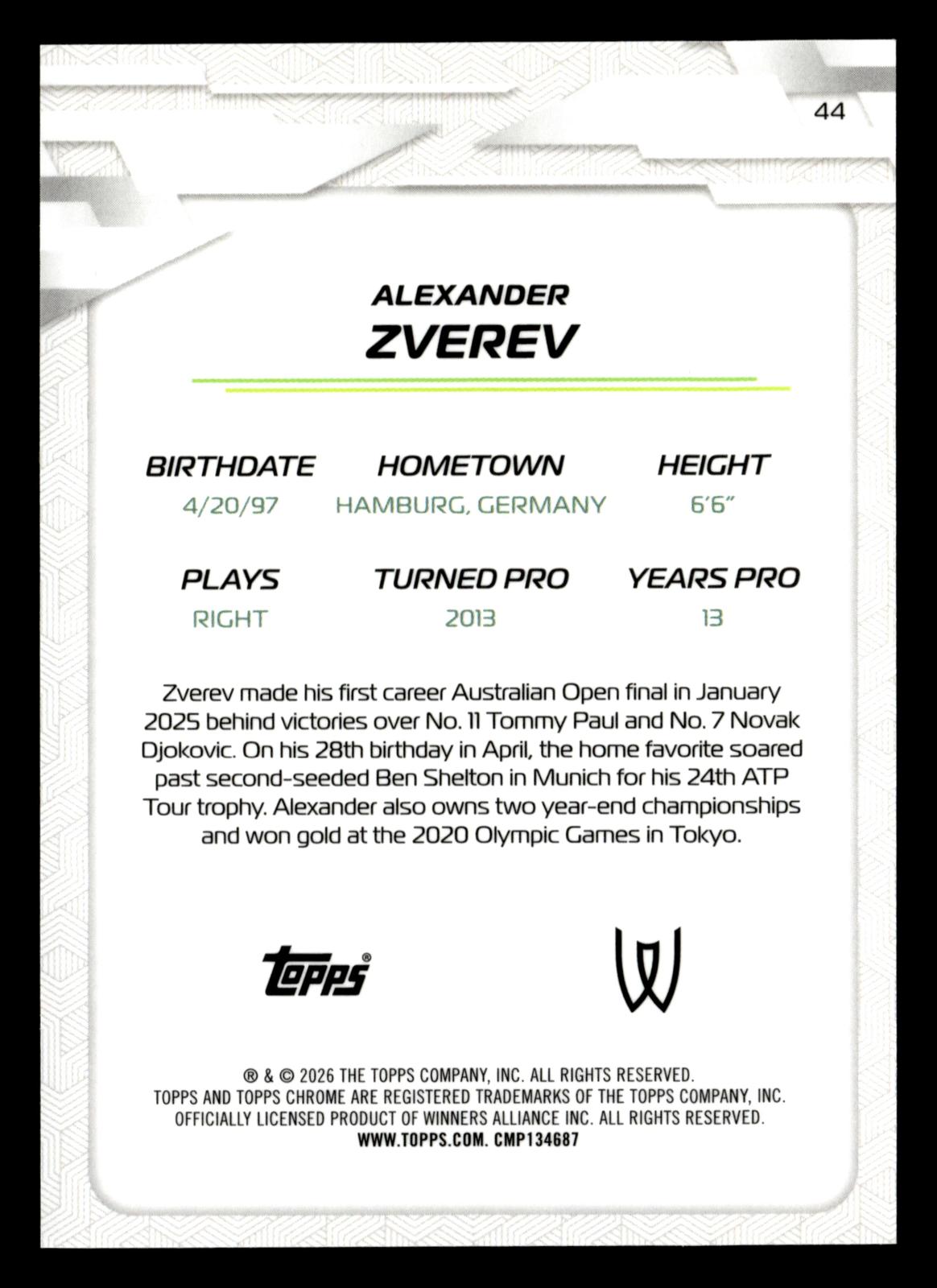 2026 Topps Chrome #44 Alexander Zverev Gold Geometric Refractor #/50