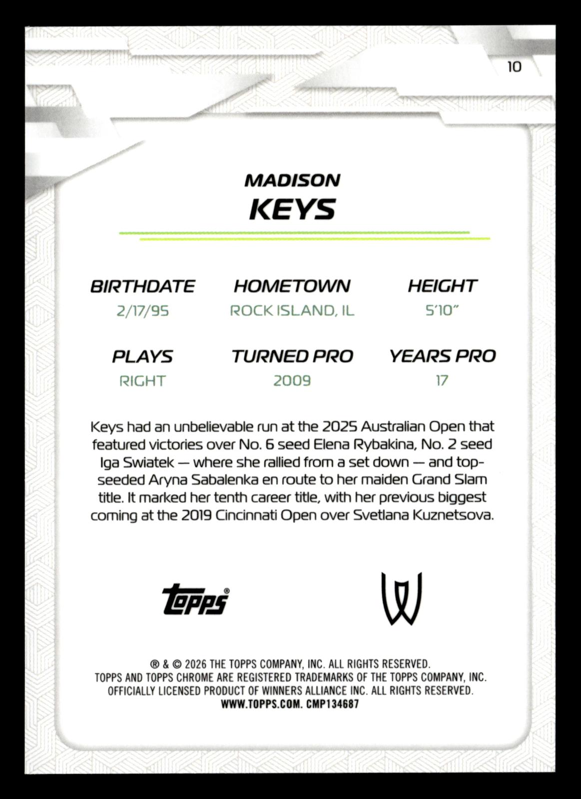 2026 Topps Chrome #10 Madison Keys Black Refractor #/10