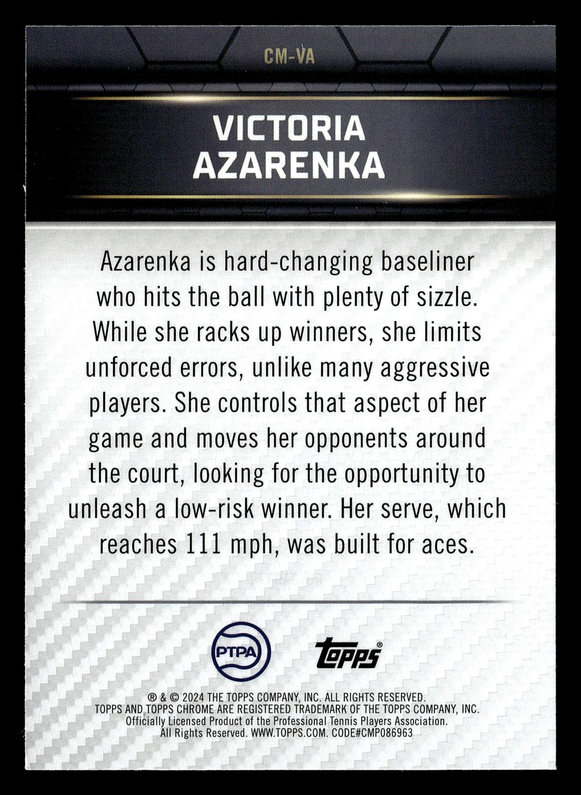 2024 Topps Graphite #CM-VA Victoria Azarenka Court Masters Aqua Refractor #/199