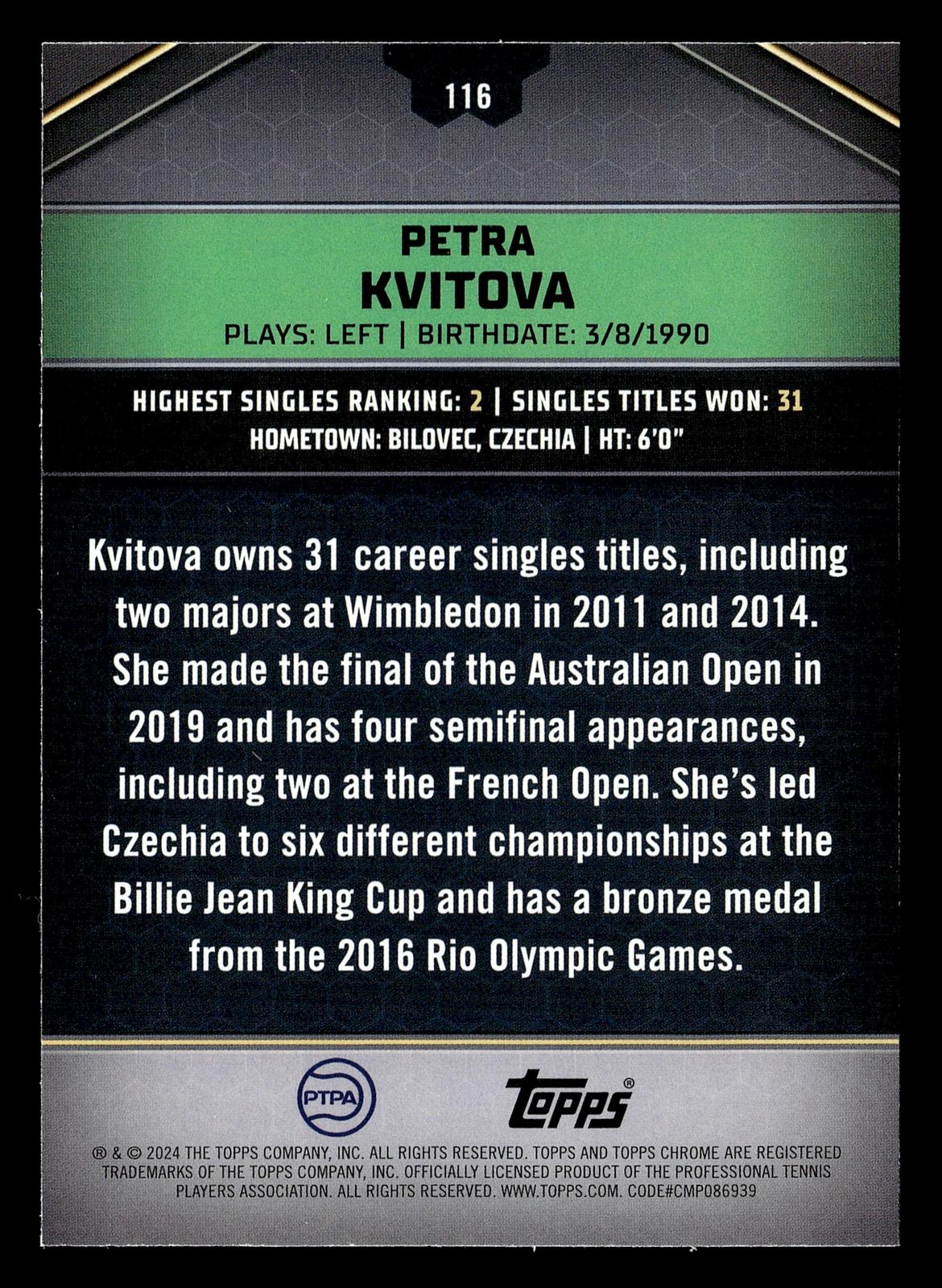 2024 Topps Graphite #116 Petra Kvitova Aqua Refractor #/199