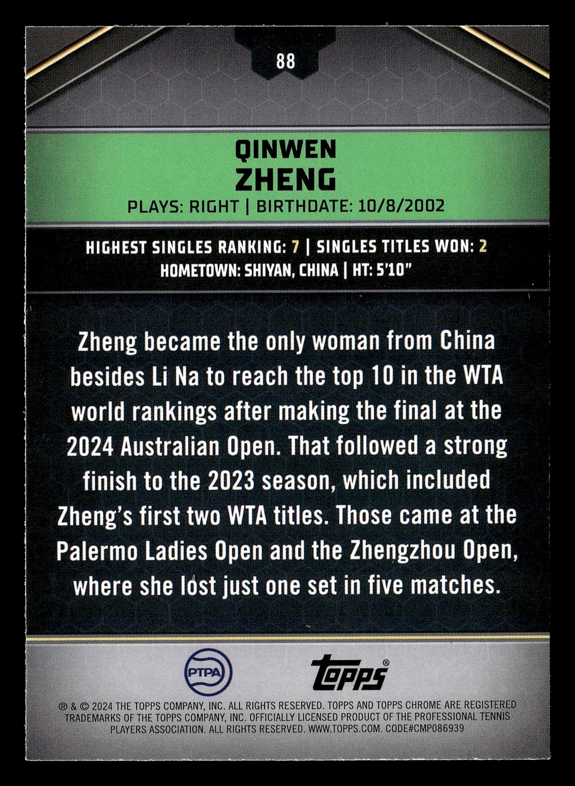 2024 Topps Graphite #88 Qinwen Zheng Aqua Refractor #/199