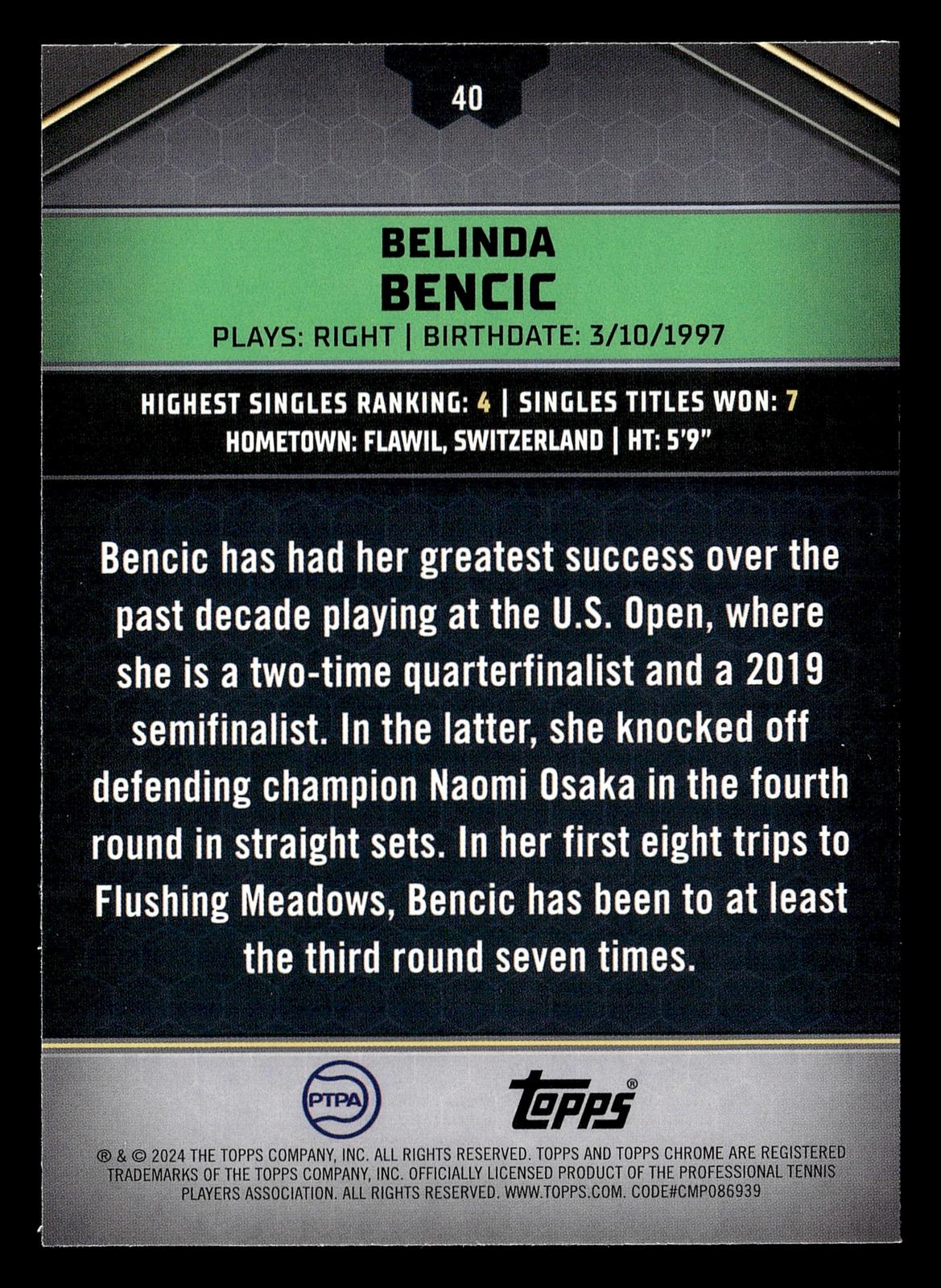 2024 Topps Graphite #40 Belinda Bencic Aqua Refractor #/199