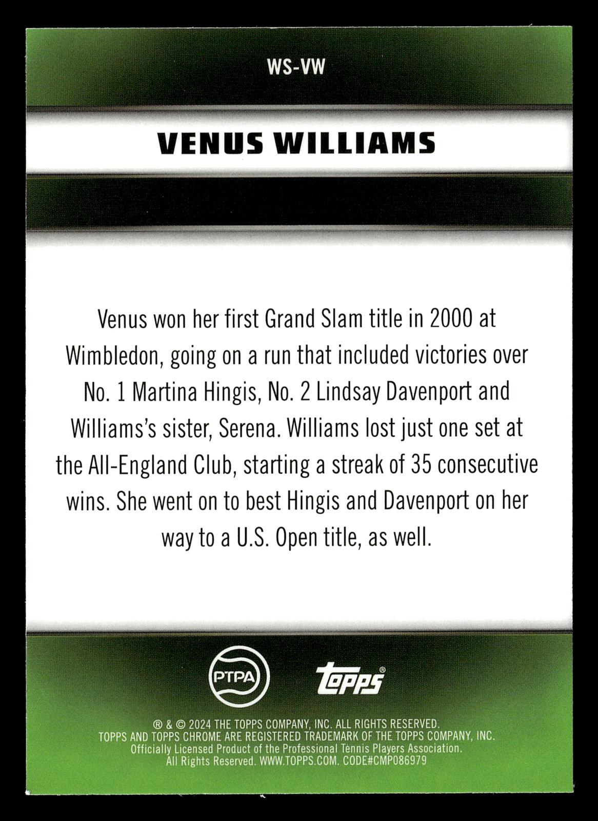 2024 Topps Graphite #WS-VW Venus Williams Winning Streaks Aqua Refractor #/199
