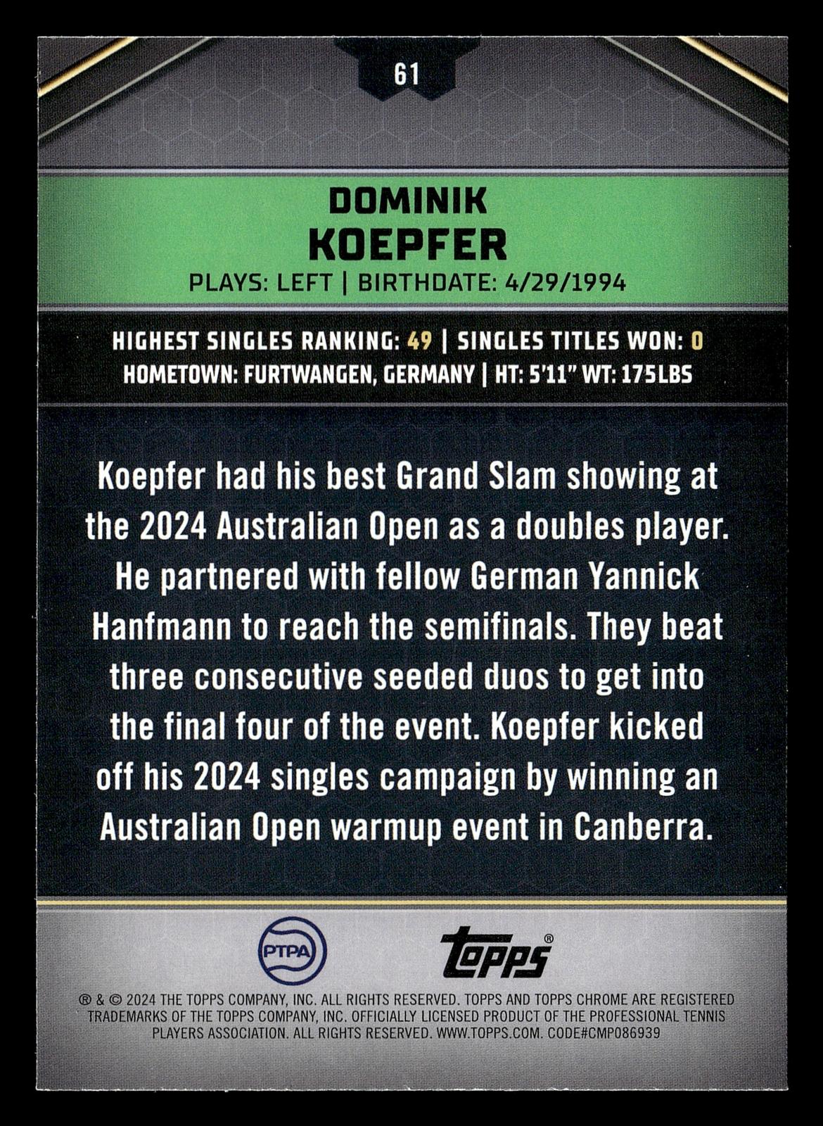 2024 Topps Graphite #61 Dominik Koepfer Green Refractor #/75