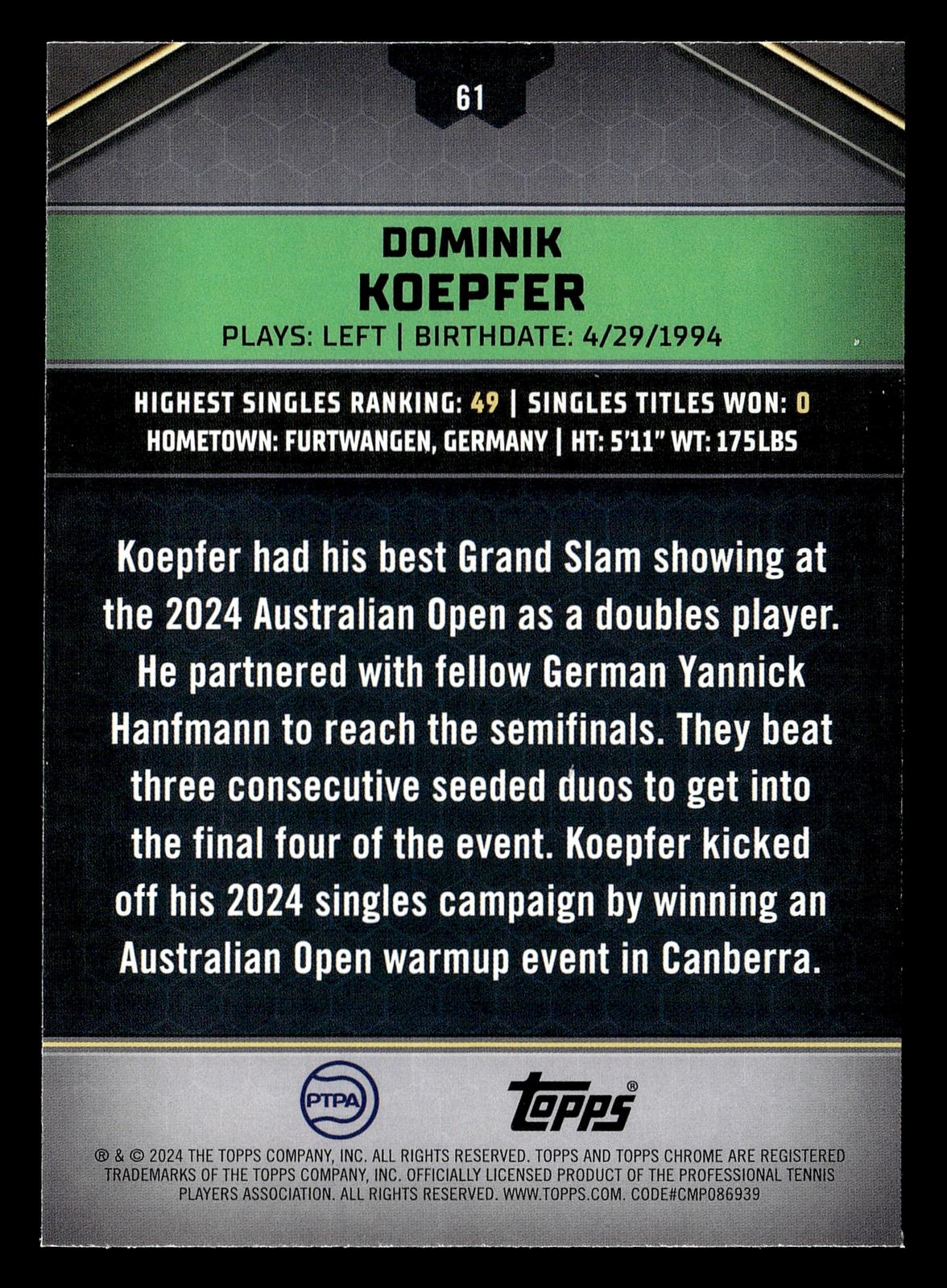 2024 Topps Graphite #61 Dominik Koepfer Aqua Refractor #/199