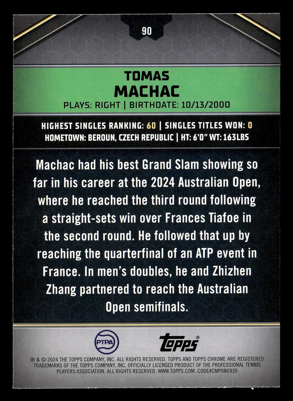 2024 Topps Graphite #90 Tomas Machac Aqua Refractor #/199